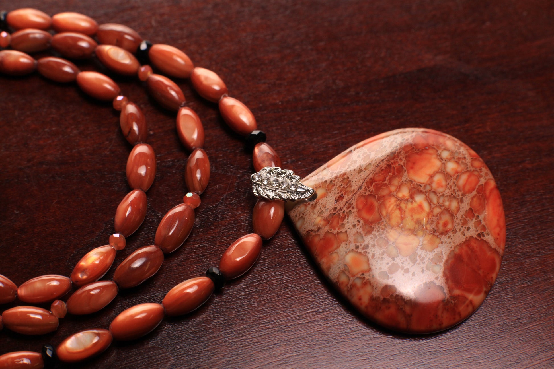 Natural Aqua Terra Jasper Large Teardrop Pendant with natural Mother of Pearl Rice Oval Black Onyx Spacers 3 Line Layer Adjustable Necklace.