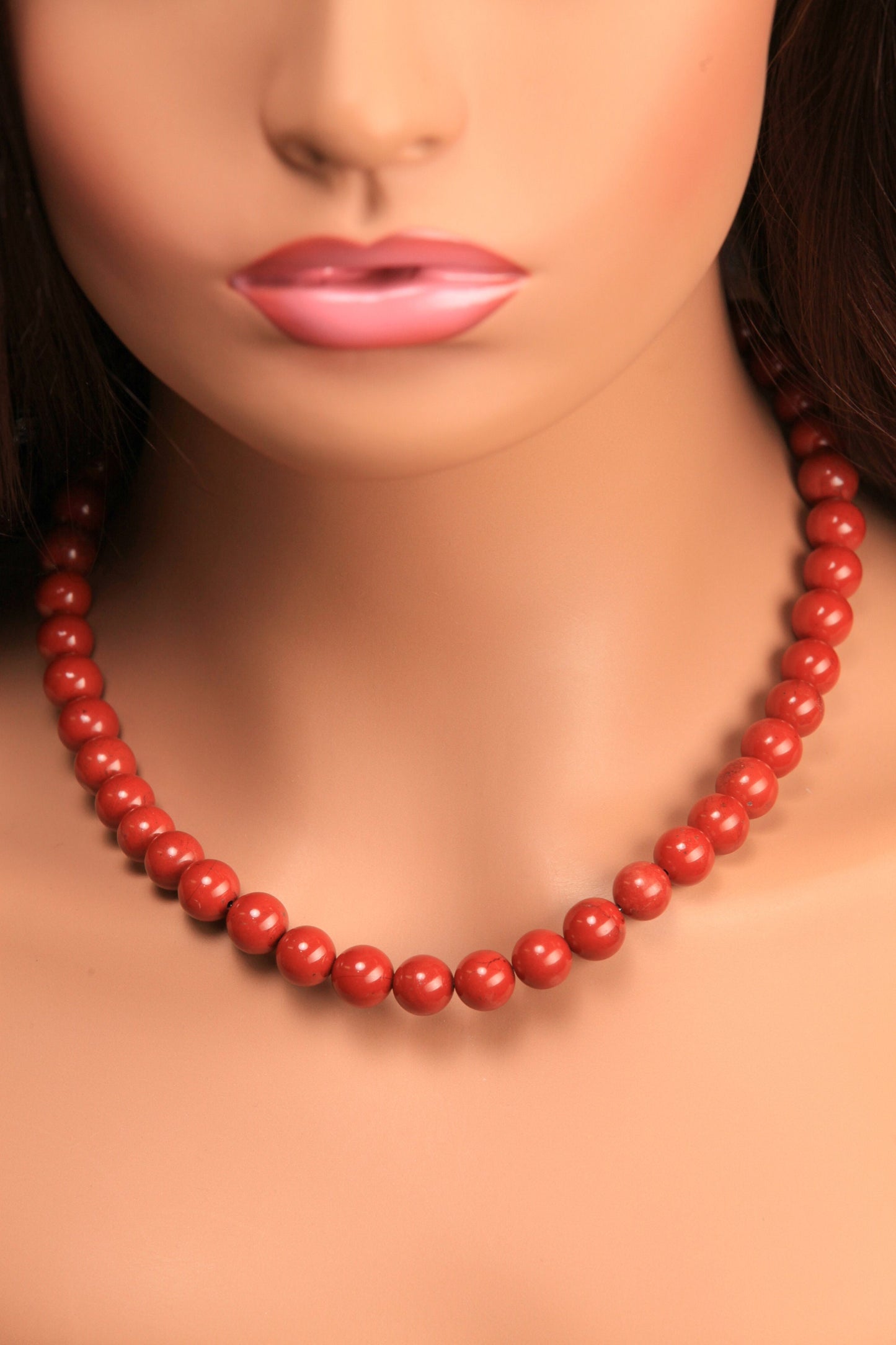 Natural Red Jasper 10mm Smooth Round Choker Layering Necklace, Handmade, Bali style large hook clasp brick red, energy, October Birthstone