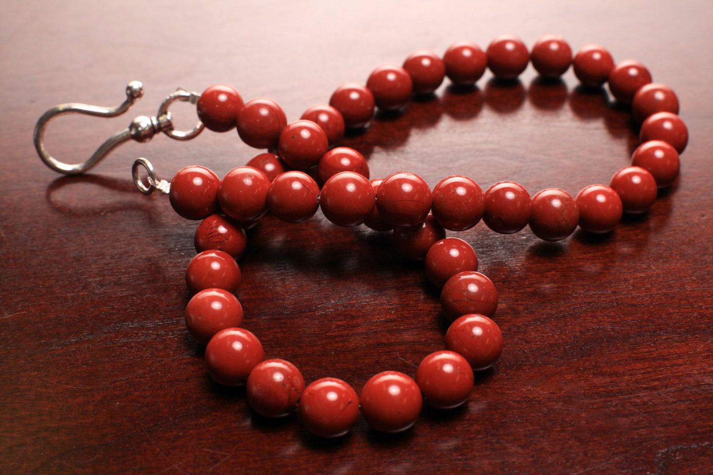 Natural Red Jasper 10mm Smooth Round Choker Layering Necklace, Handmade, Bali style large hook clasp brick red, energy, October Birthstone