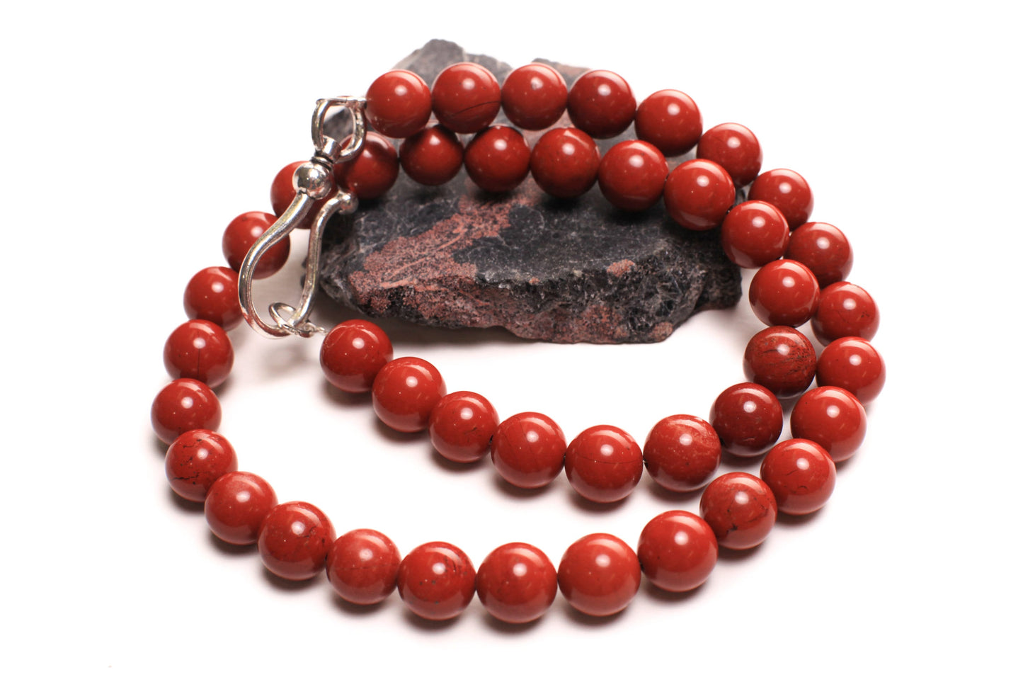 Natural Red Jasper 10mm Smooth Round Choker Layering Necklace, Handmade, Bali style large hook clasp brick red, energy, October Birthstone