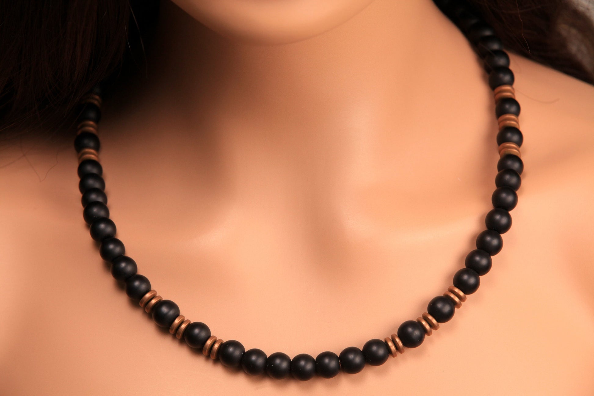 Matte Black Onyx and Antique Copper Matte Hematite spacers Men Necklace, energy protection gemstone