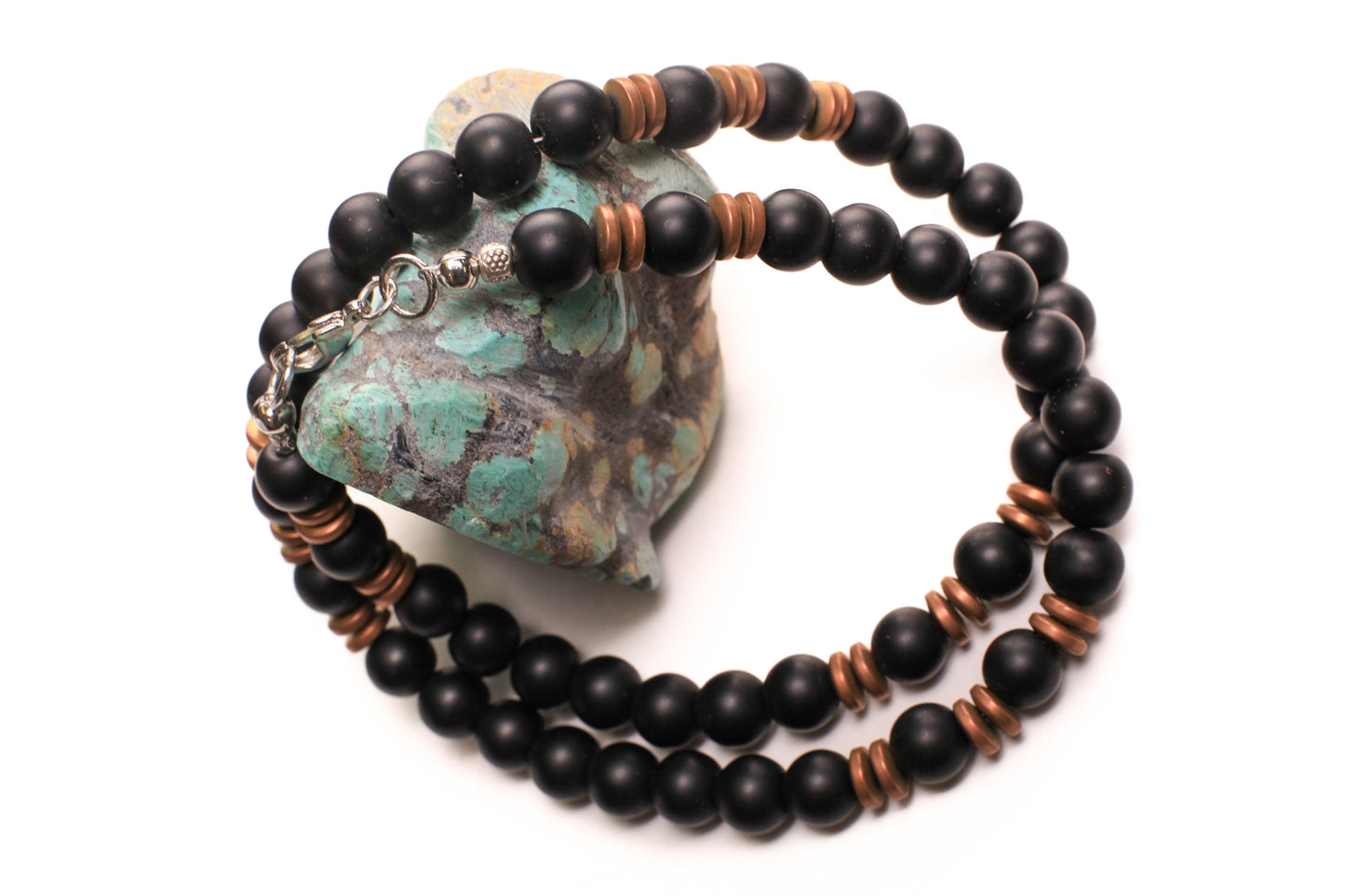 Matte Black Onyx and Antique Copper Matte Hematite spacers Men Necklace, energy protection gemstone