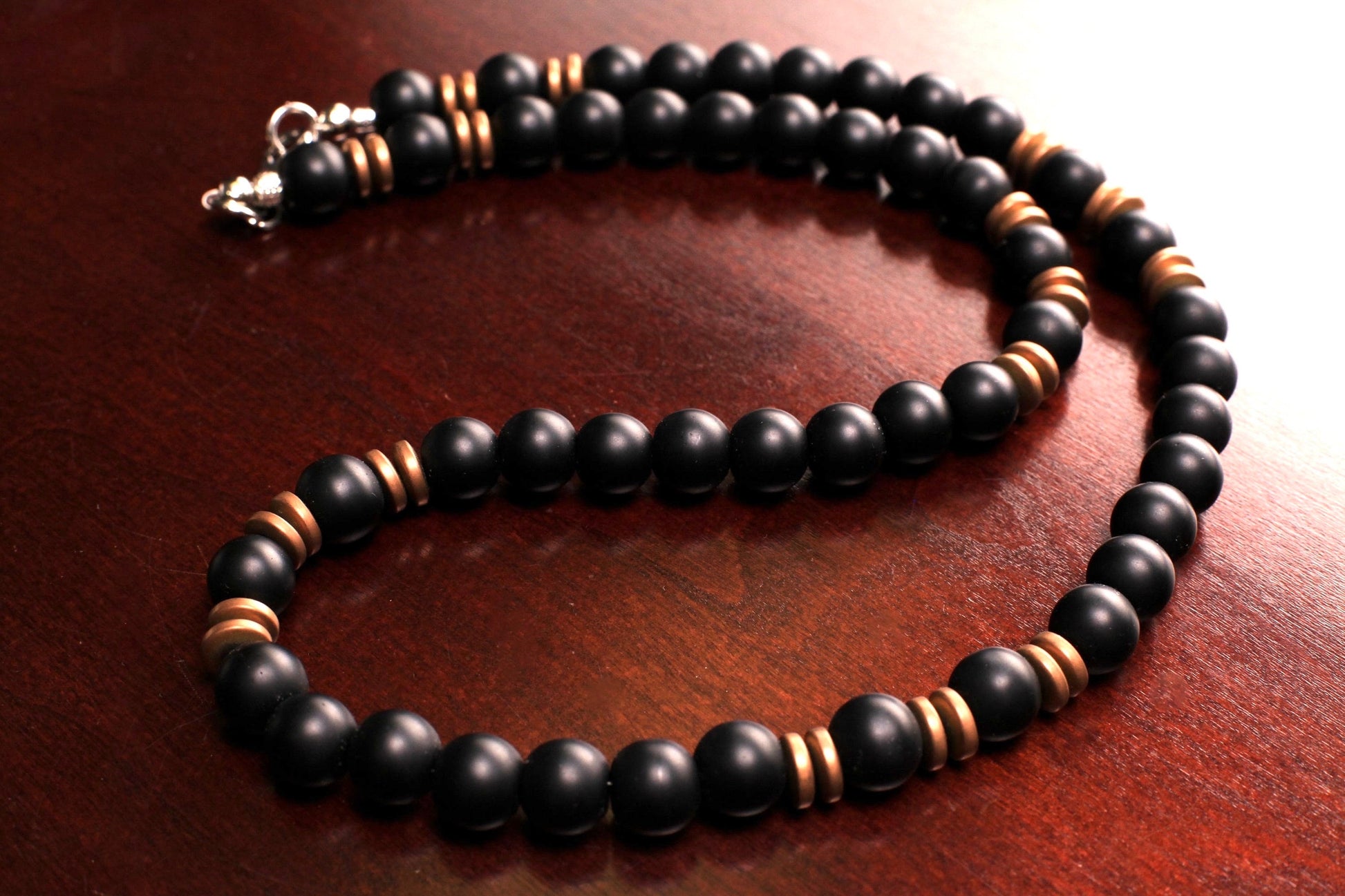 Matte Black Onyx and Antique Copper Matte Hematite spacers Men Necklace, energy protection gemstone