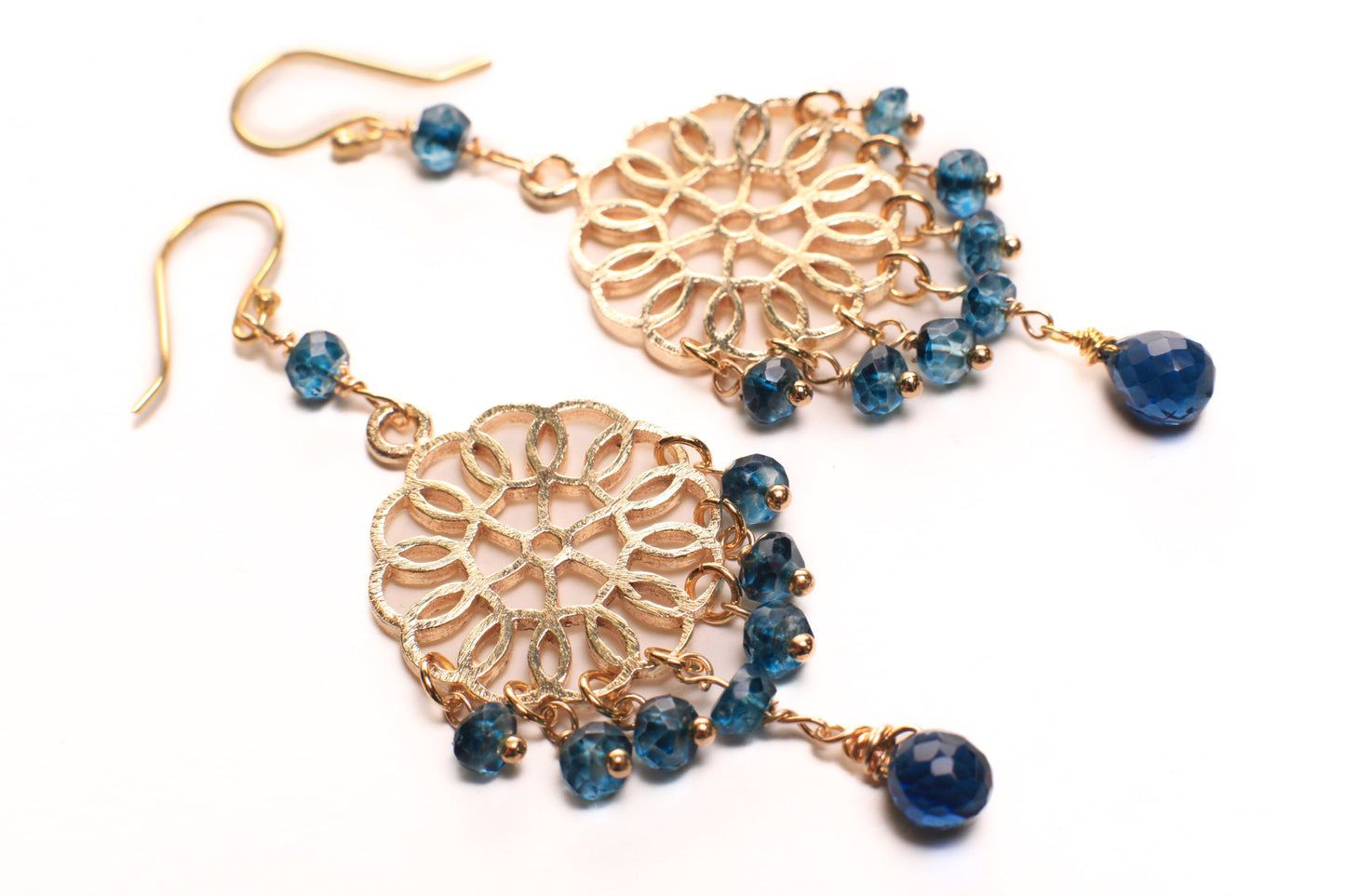 London Blue Topaz Chandelier brush gold vermeil earrings .Wire Wrapped handmade Gift valentines midnight blue earring.