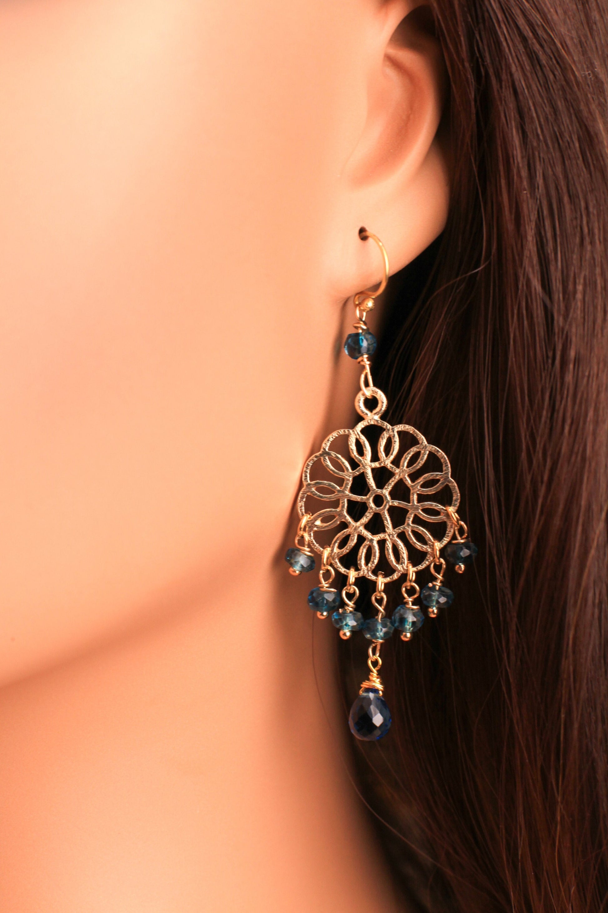 London Blue Topaz Chandelier brush gold vermeil earrings .Wire Wrapped handmade Gift valentines midnight blue earring.