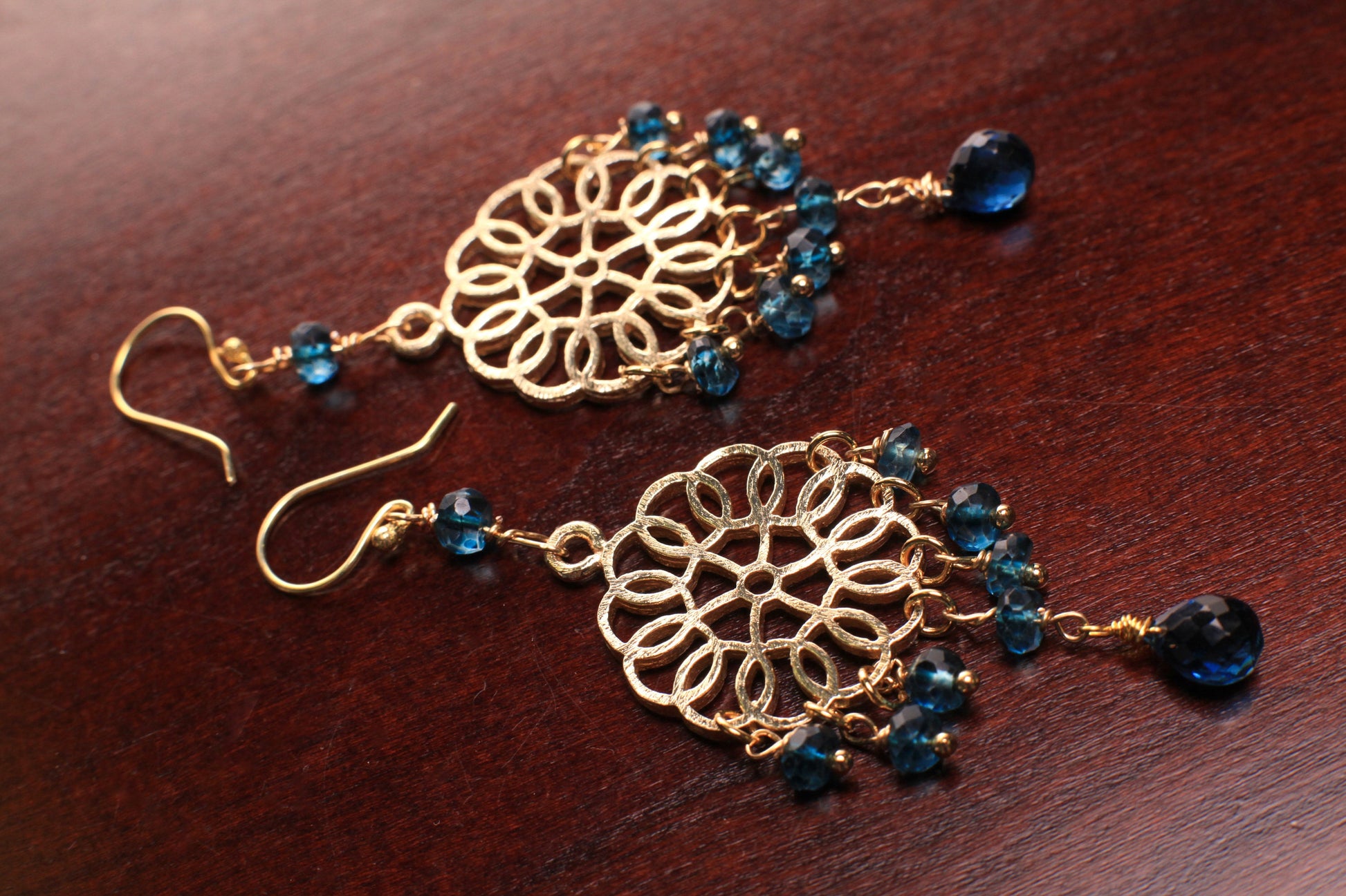 London Blue Topaz Chandelier brush gold vermeil earrings .Wire Wrapped handmade Gift valentines midnight blue earring.