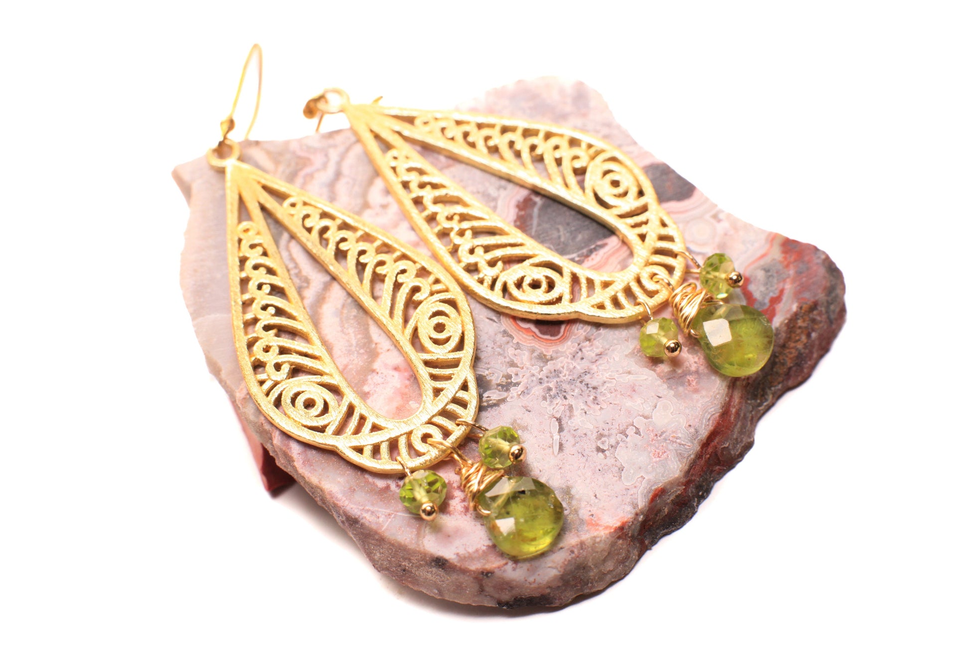 Brush Gold Vermeil with Natural Peridot dangling wire wrapped handmade Earring, August Birthstone