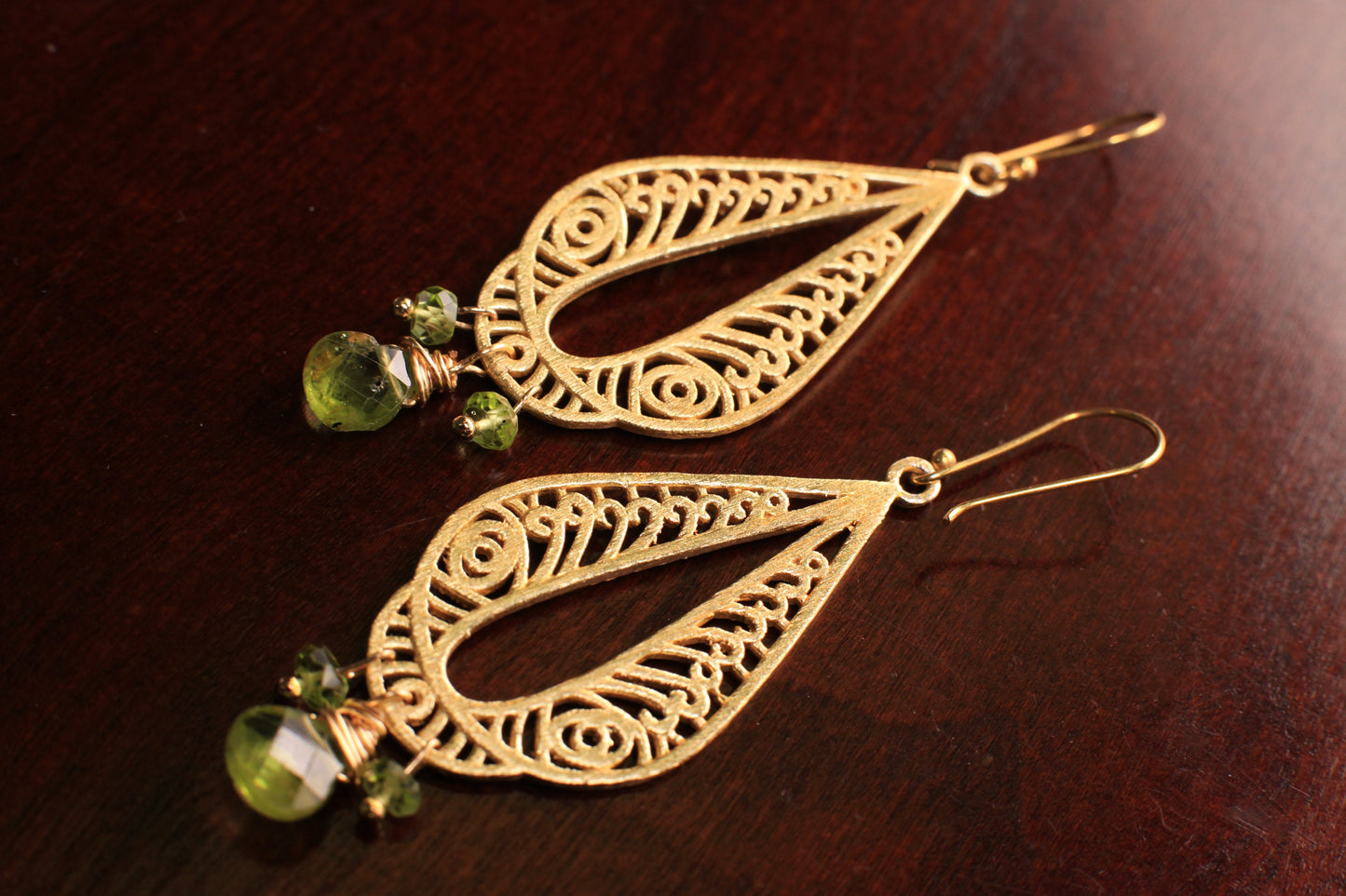 Brush Gold Vermeil with Natural Peridot dangling wire wrapped handmade Earring, August Birthstone