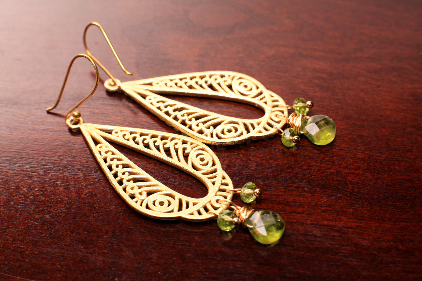 Brush Gold Vermeil with Natural Peridot dangling wire wrapped handmade Earring, August Birthstone