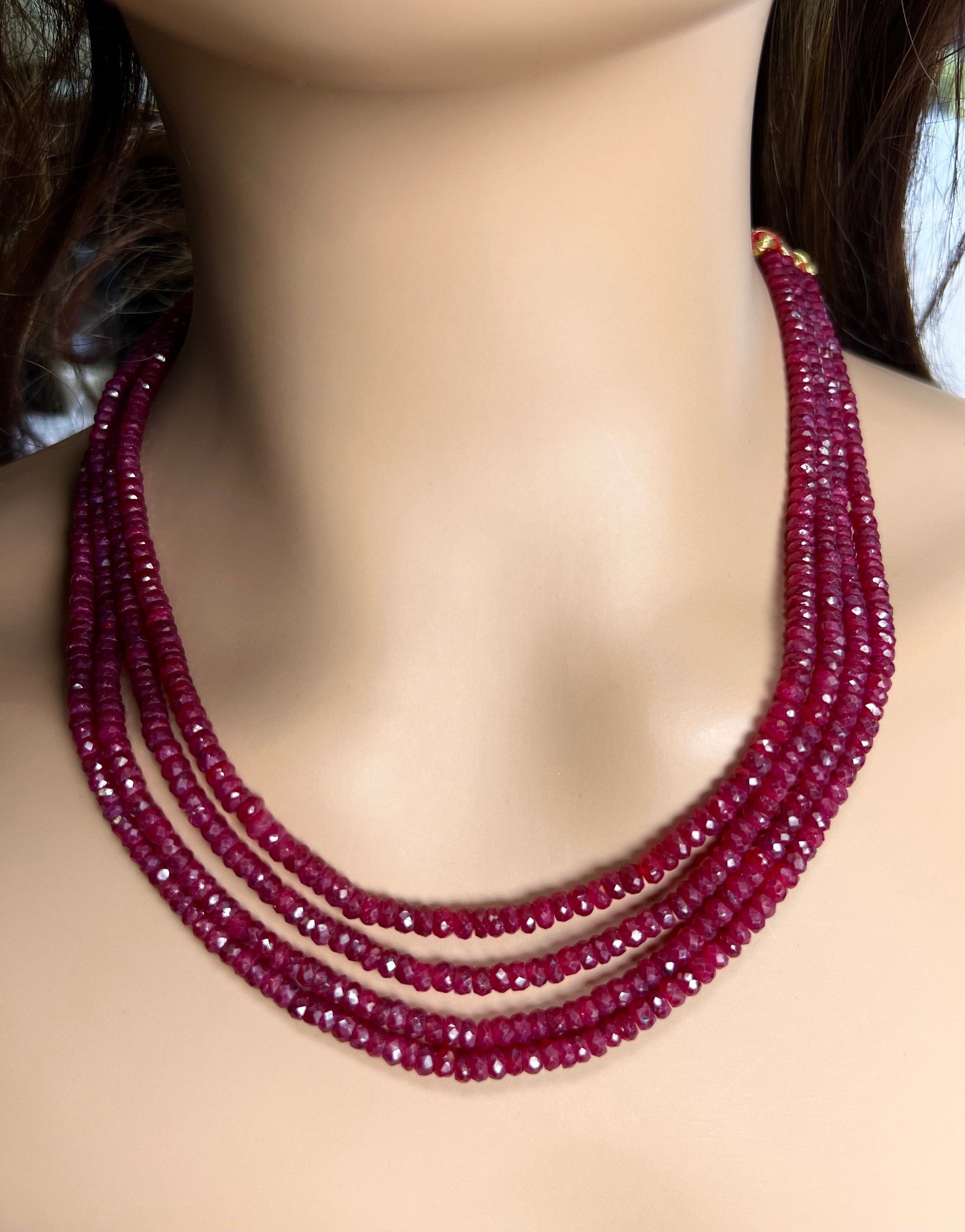 AAA Natural Ruby Facetef Roundel 4-4.5mm Multi Strand 4 Line Necklace. Bright Rich Red 16” Plus 9" Adjustable Thread. 340 carats