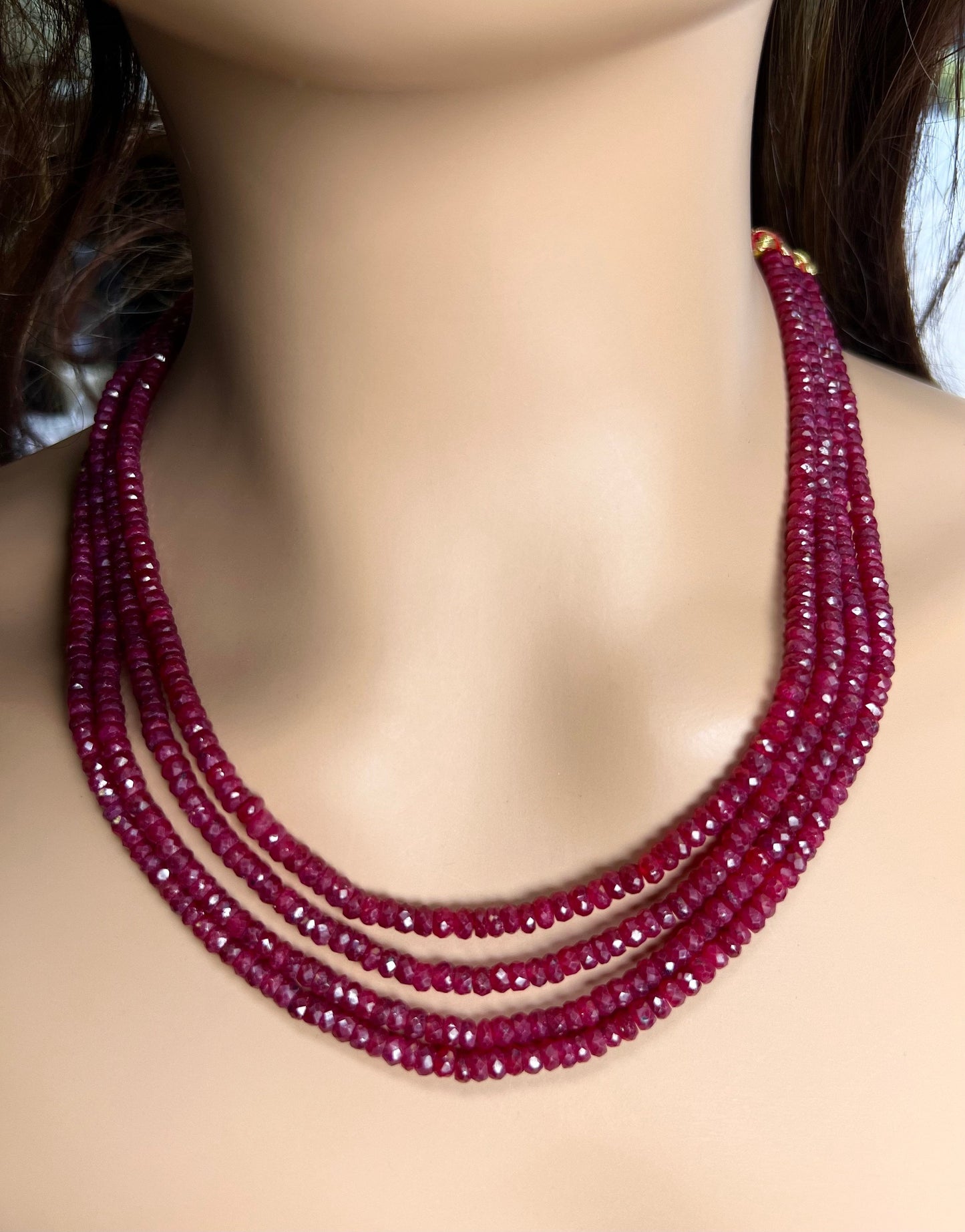 AAA Natural Ruby Faceted Roundel 4-4.5mm Multi Strand 4 Line Necklace. Bright Rich Red 16” Plus 9" Adjustable Thread. 403 carats