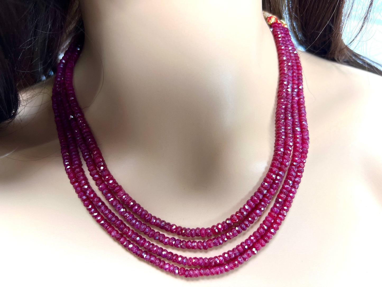 AAA Natural Ruby Faceted Roundel 4-4.5mm Multi Strand 4 Line Necklace. Bright Rich Red 16” Plus 9" Adjustable Thread. 403 carats
