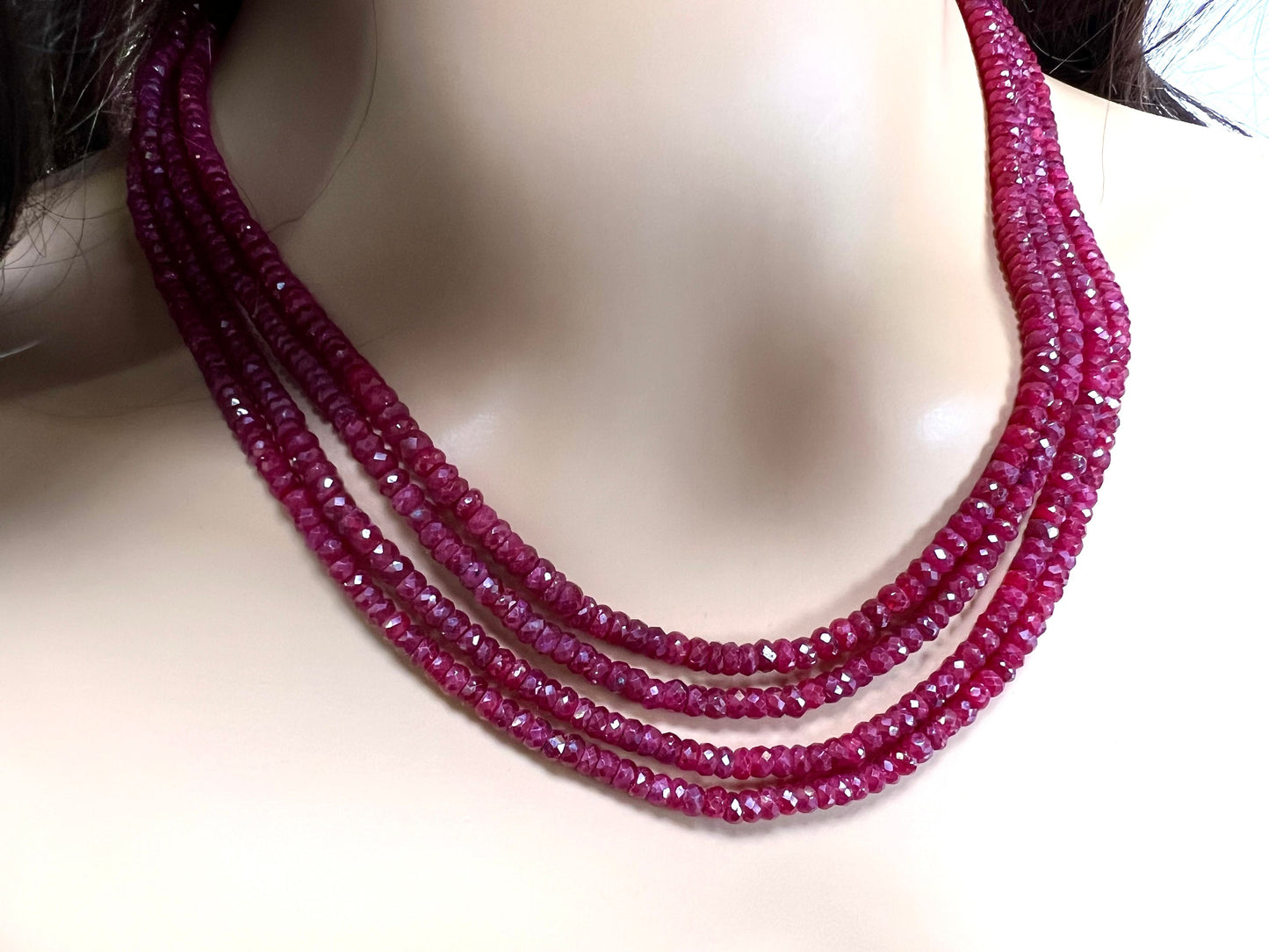 AAA Natural Ruby Faceted Roundel 4-4.5mm Multi Strand 4 Line Necklace. Bright Rich Red 16” Plus 9" Adjustable Thread. 403 carats