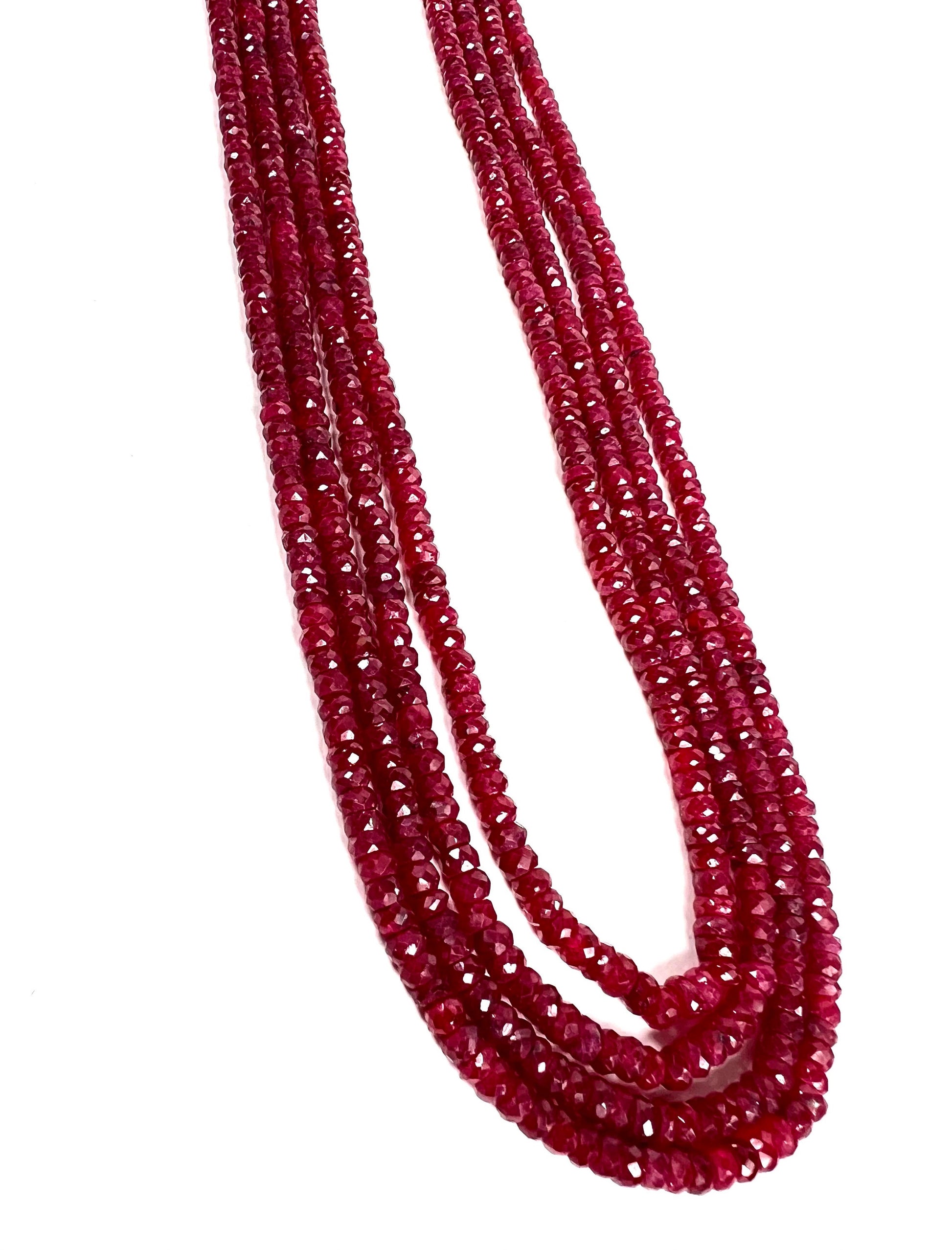 AAA Natural Ruby Facetef Roundel 4-4.5mm Multi Strand 4 Line Necklace. Bright Rich Red 16” Plus 9" Adjustable Thread. 340 carats