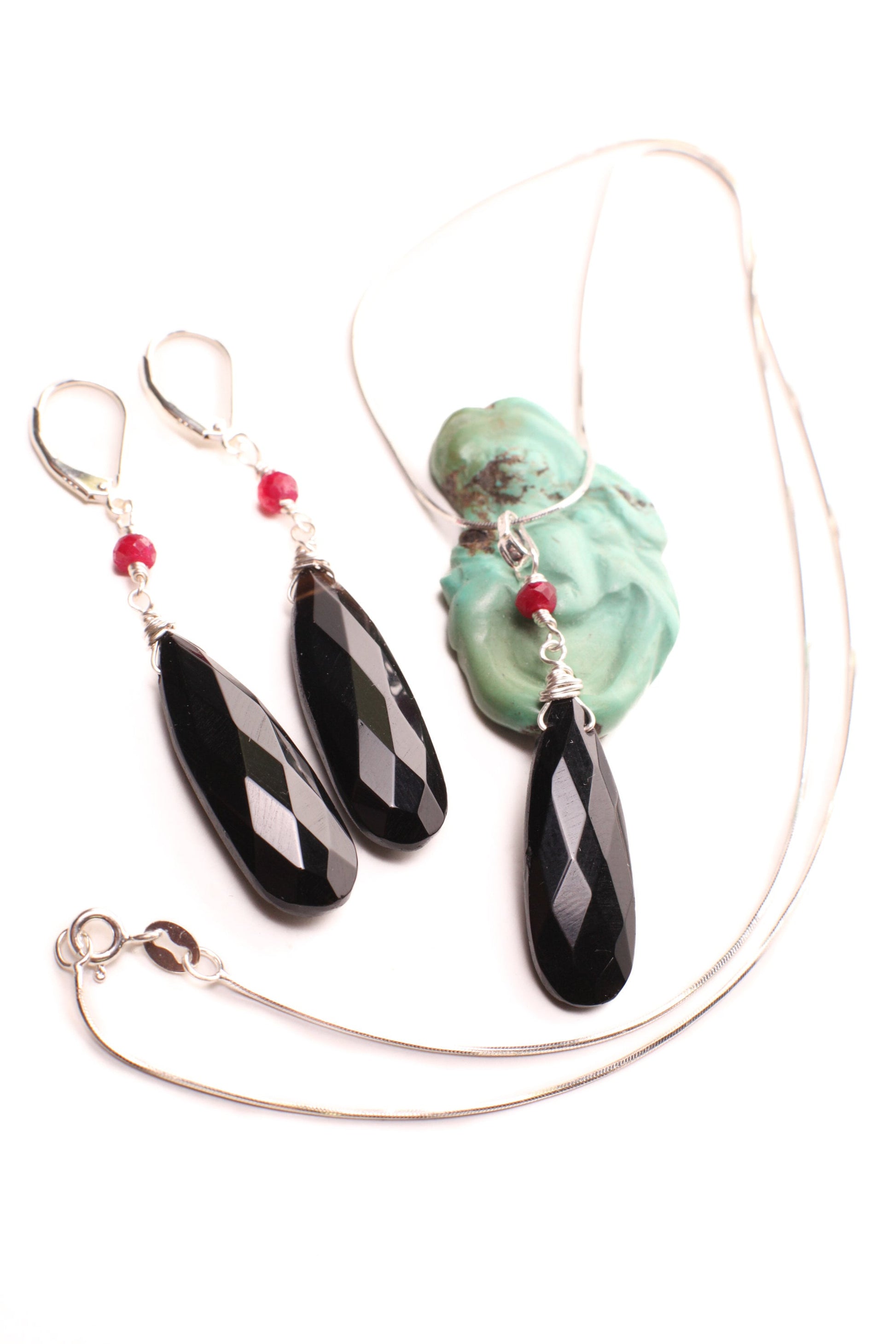 Black Onyx Faceted Long Pear Drop 10x30mm long drop 4mm Genuine Ruby accent 925 sterling silver Leverback Earring pendant set elegant Gift