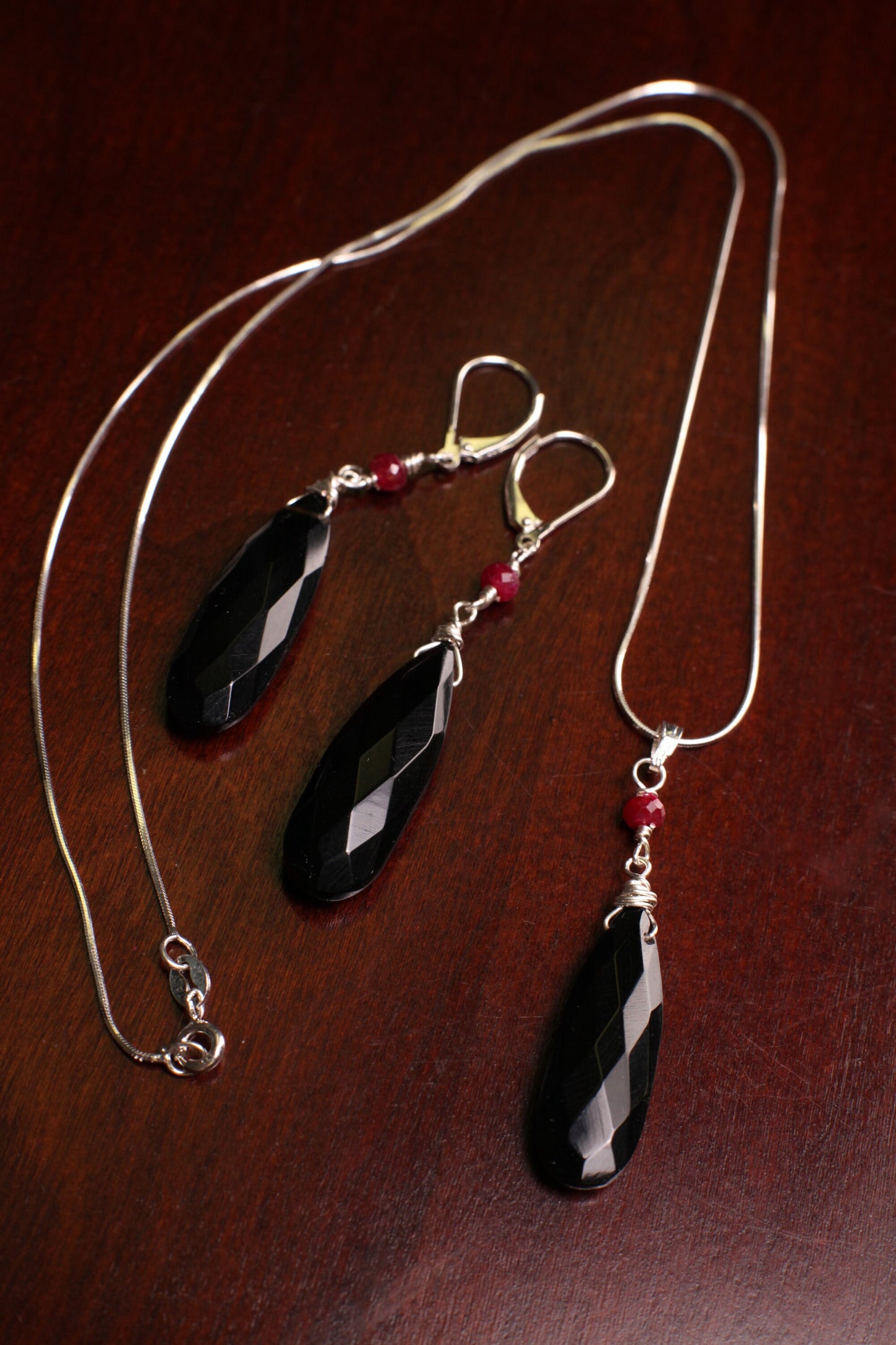 Black Onyx Faceted Long Pear Drop 10x30mm long drop 4mm Genuine Ruby accent 925 sterling silver Leverback Earring pendant set elegant Gift