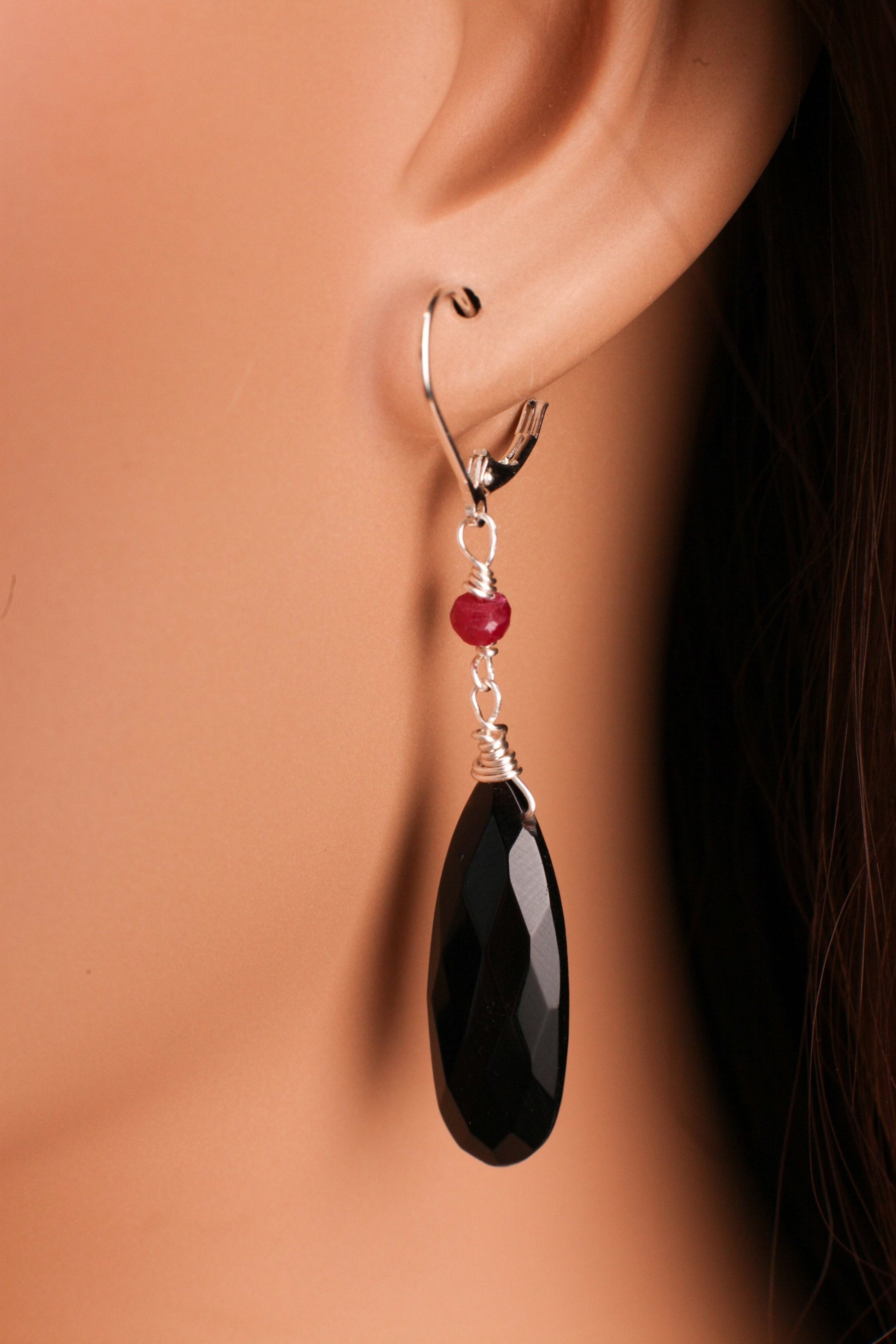Black Onyx Faceted Long Pear Drop 10x30mm long drop 4mm Genuine Ruby accent 925 sterling silver Leverback Earring pendant set elegant Gift