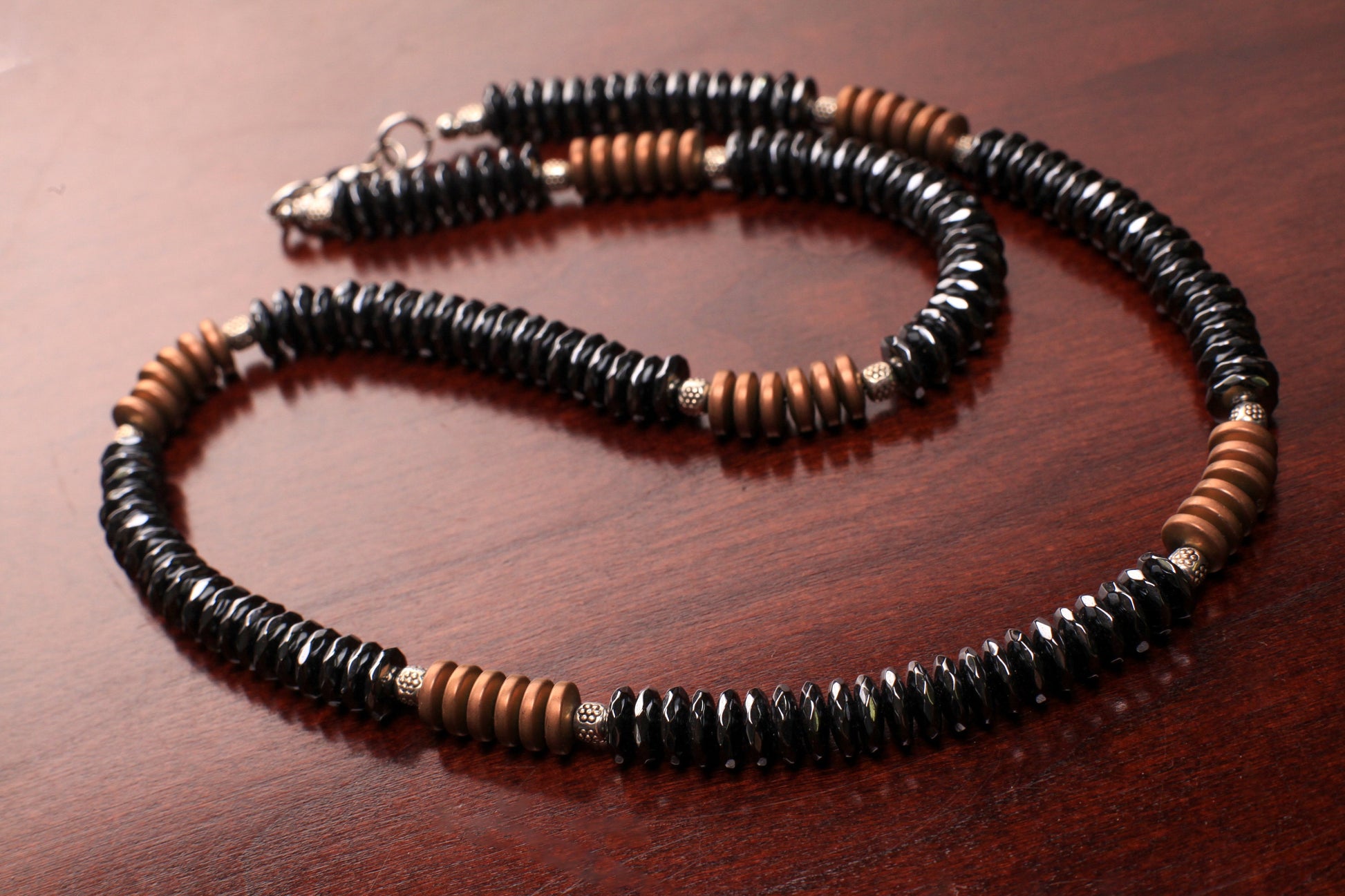 Black Hematite and Antique Gold Matte Hematite Bali spacer Men Necklace. Man’s gift energy protection