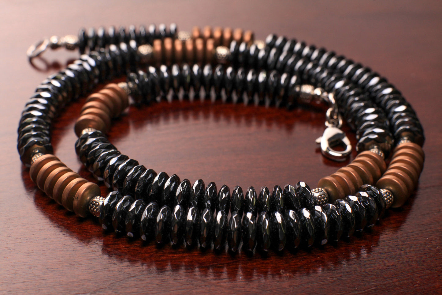 Black Hematite and Antique Gold Matte Hematite Bali spacer Men Necklace. Man’s gift energy protection