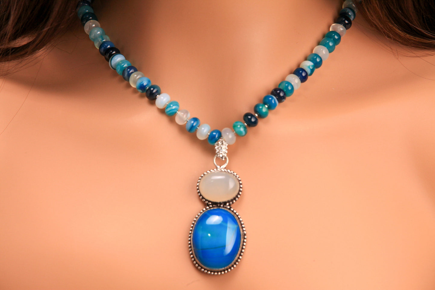 Natural Blue stipe agate 8mm roundel bead blue and white agate large pendant silver spacer 20" Necklace Beautiful blue white necklace gift
