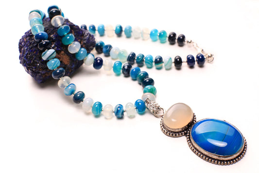 Natural Blue stipe agate 8mm roundel bead blue and white agate large pendant silver spacer 20" Necklace Beautiful blue white necklace gift