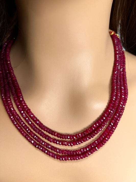 AAA Natural Ruby Facetef Roundel 4-4.5mm Multi Strand 4 Line Necklace. Bright Rich Red 16” Plus 9" Adjustable Thread. 340 carats