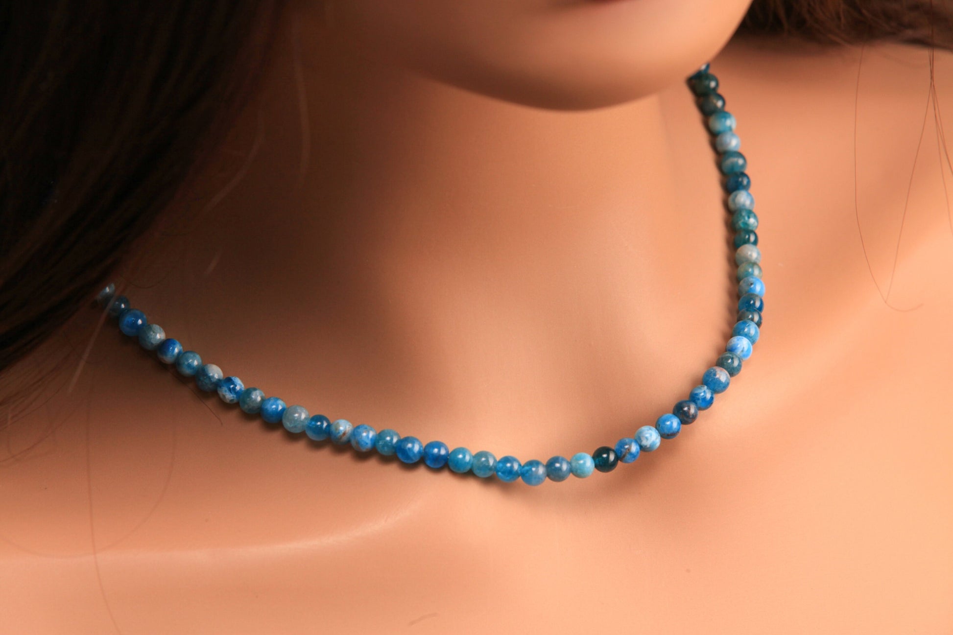 Natural Apatite Blue 5mm Smooth Round gemstone beaded necklace beautiful blue stripe beaded choker or layer necklace