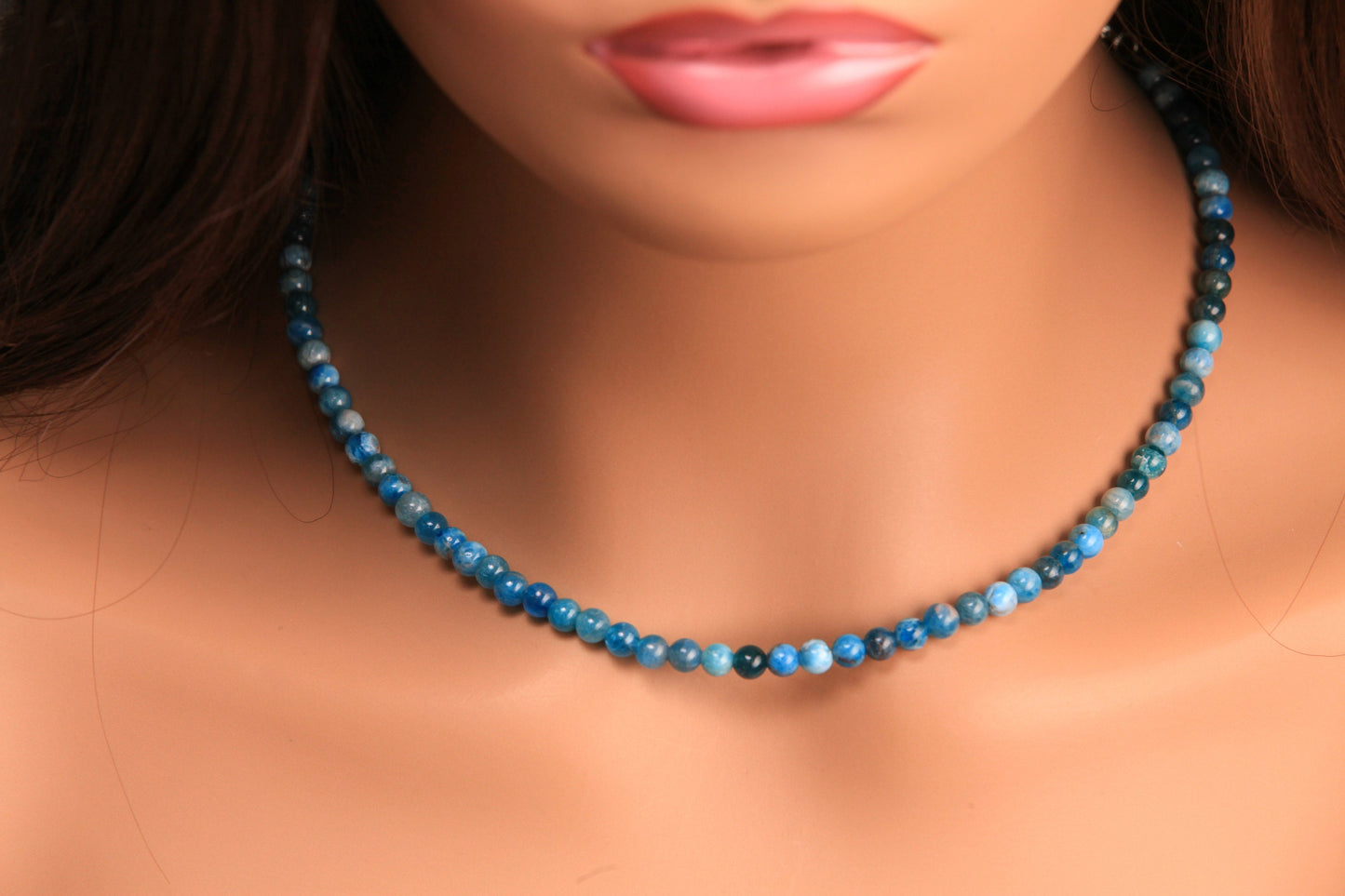 Natural Apatite Blue 5mm Smooth Round gemstone beaded necklace beautiful blue stripe beaded choker or layer necklace