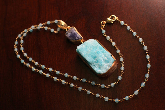 Natural Larimar Raw and Amethyst raw handmade 18k gold bezel Necklace, matching blue Apatite rosary chain . Good luck , healing chakra