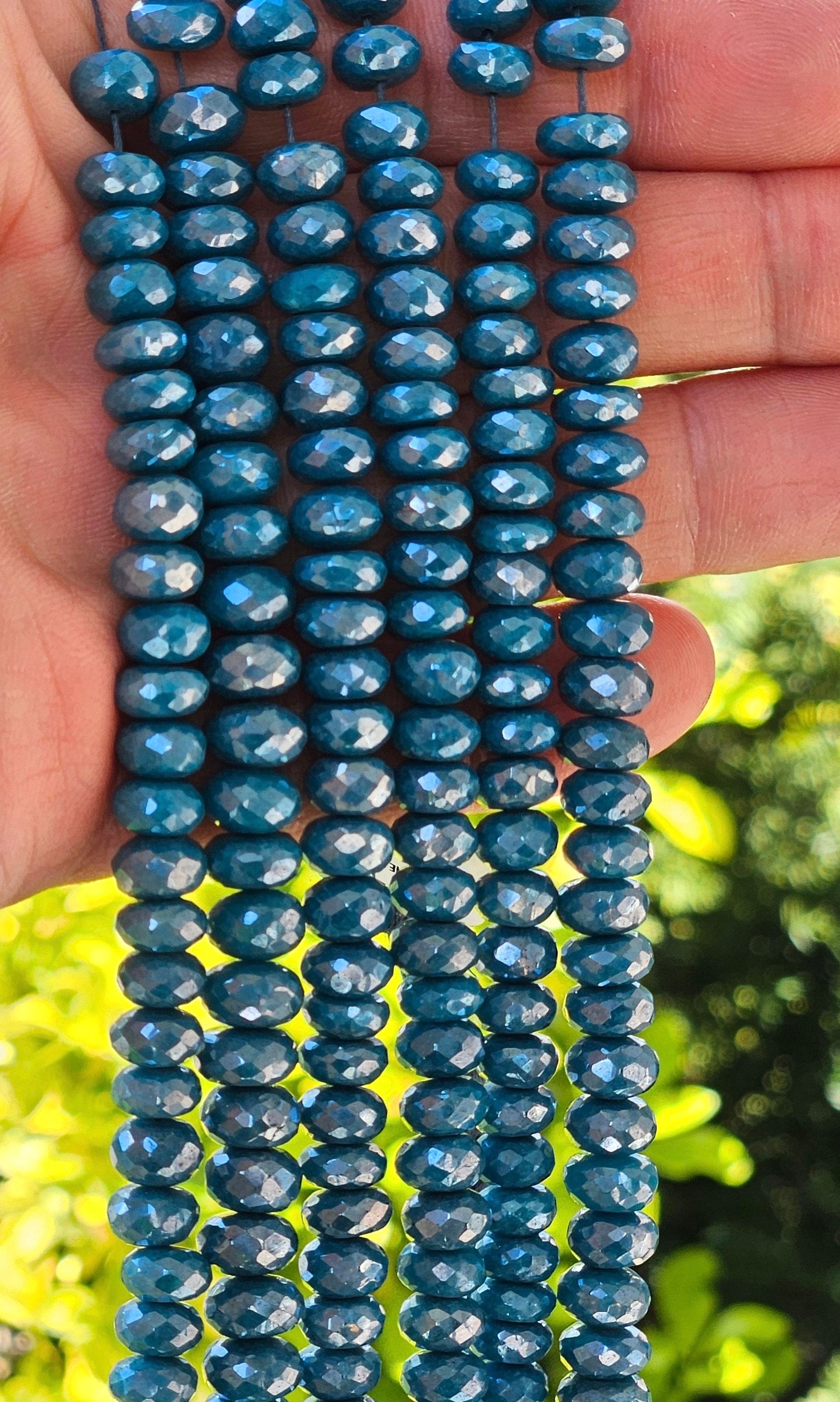 Moonstone Rondelle, Genuine Moonstone Mystic Teal Blue Coated High Quality Faceted Roundels in Gemstone Beads 6" Strand