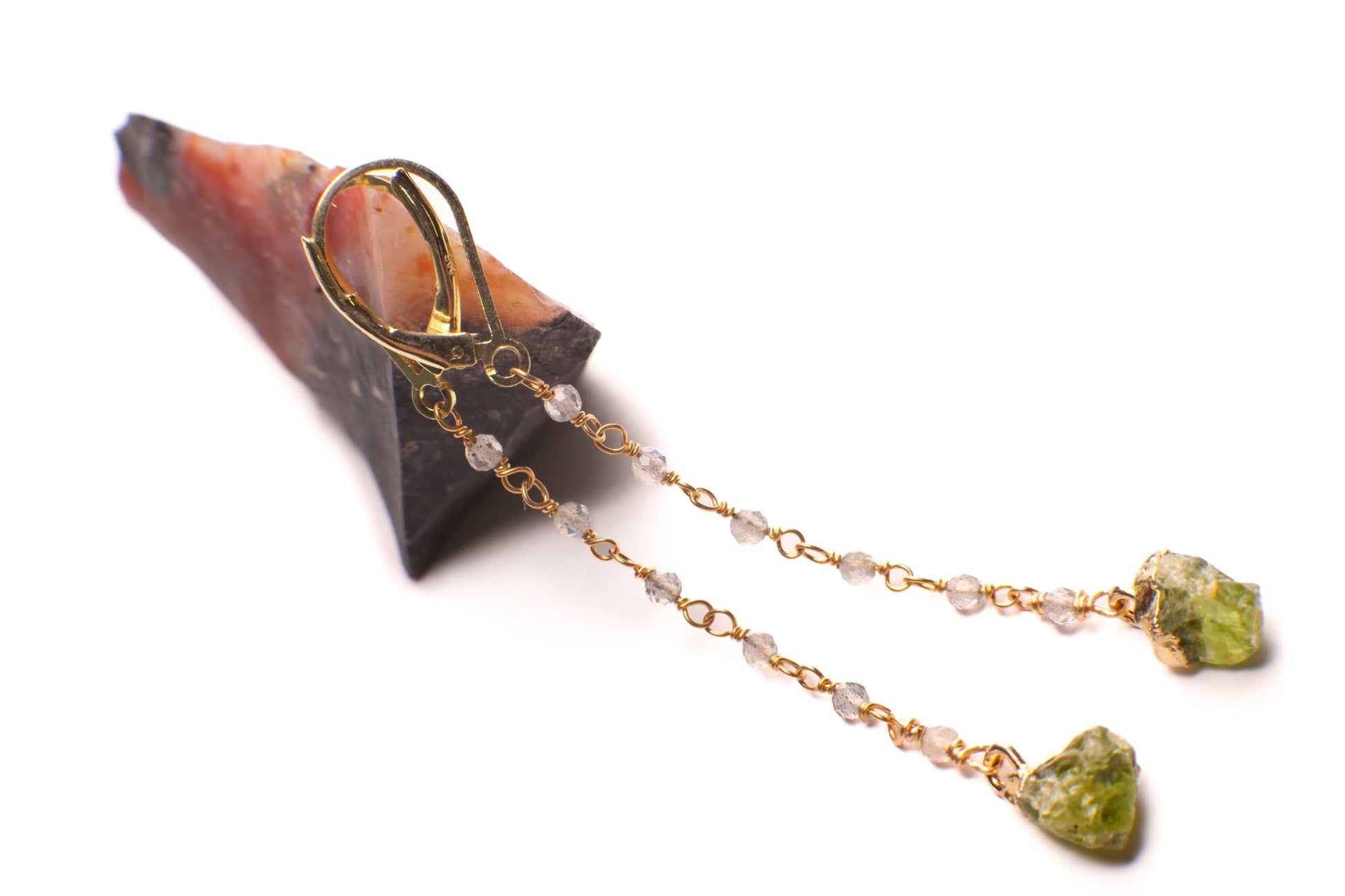 Raw Peridot 8mm dangling with labradorite faceted wire wrapped chain, Long Earrings, 22k gold vermeil Gifts raw healing crystal