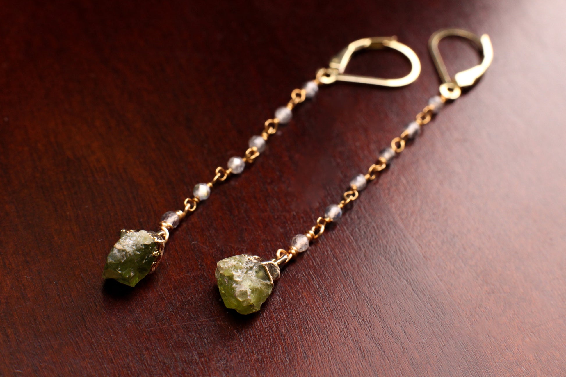 Raw Peridot 8mm dangling with labradorite faceted wire wrapped chain, Long Earrings, 22k gold vermeil Gifts raw healing crystal