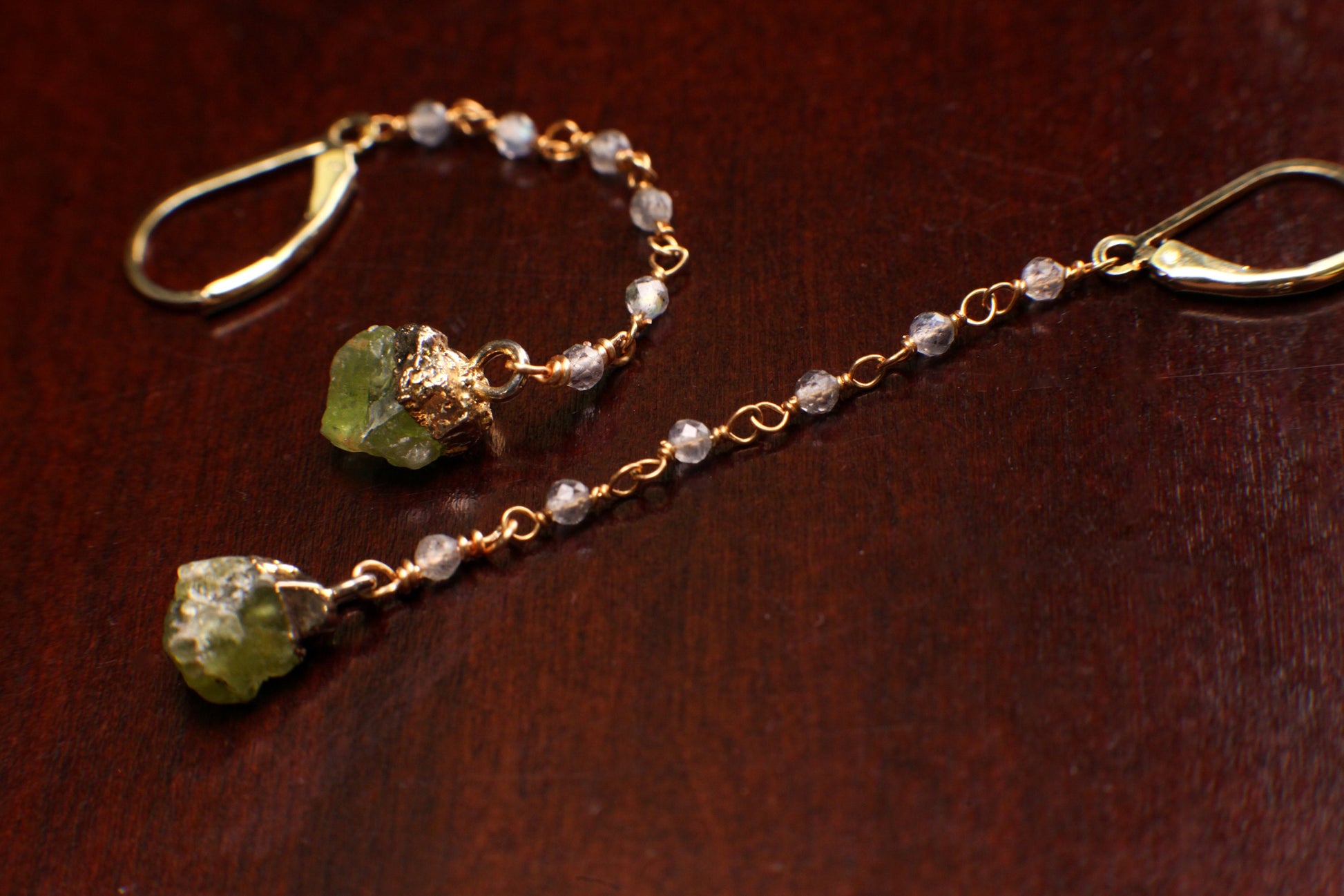 Raw Peridot 8mm dangling with labradorite faceted wire wrapped chain, Long Earrings, 22k gold vermeil Gifts raw healing crystal