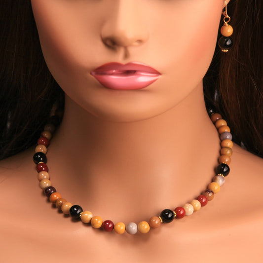 Mookaite Smooth Round 8mm with Black Onyx accent Bali style spacer gold necklace and earrings set