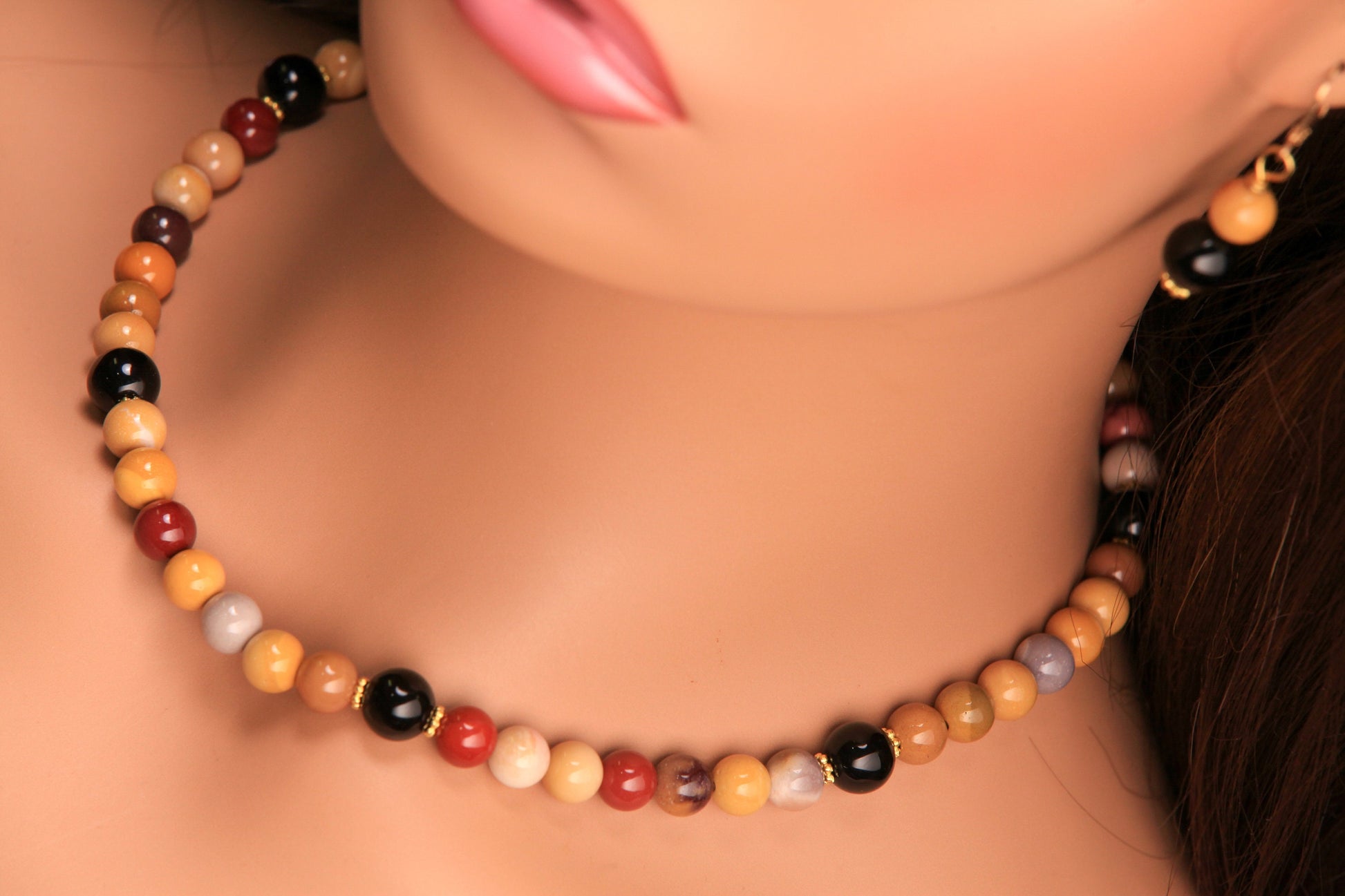 Mookaite Smooth Round 8mm with Black Onyx accent Bali style spacer gold necklace and earrings set