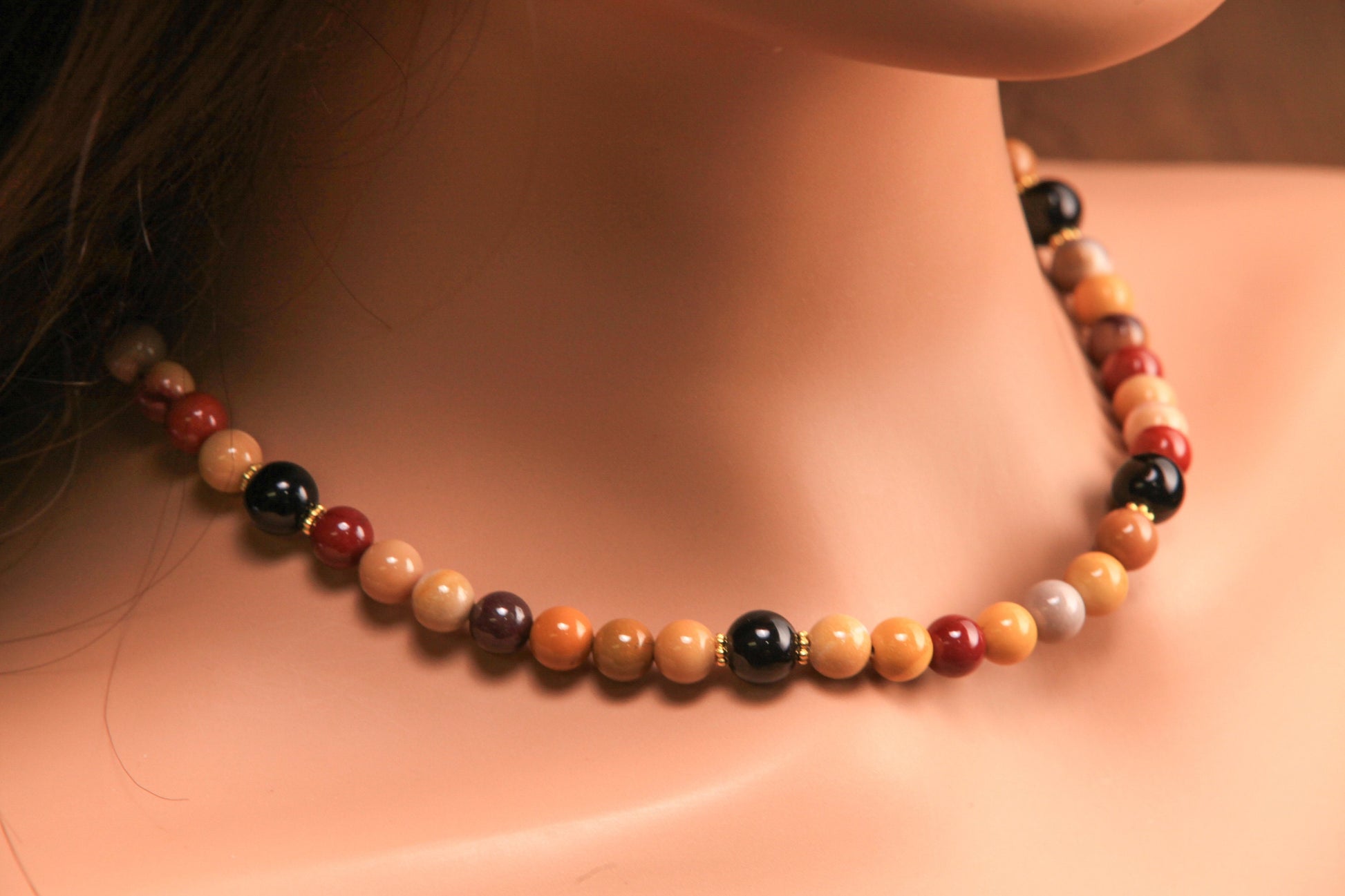 Mookaite Smooth Round 8mm with Black Onyx accent Bali style spacer gold necklace and earrings set