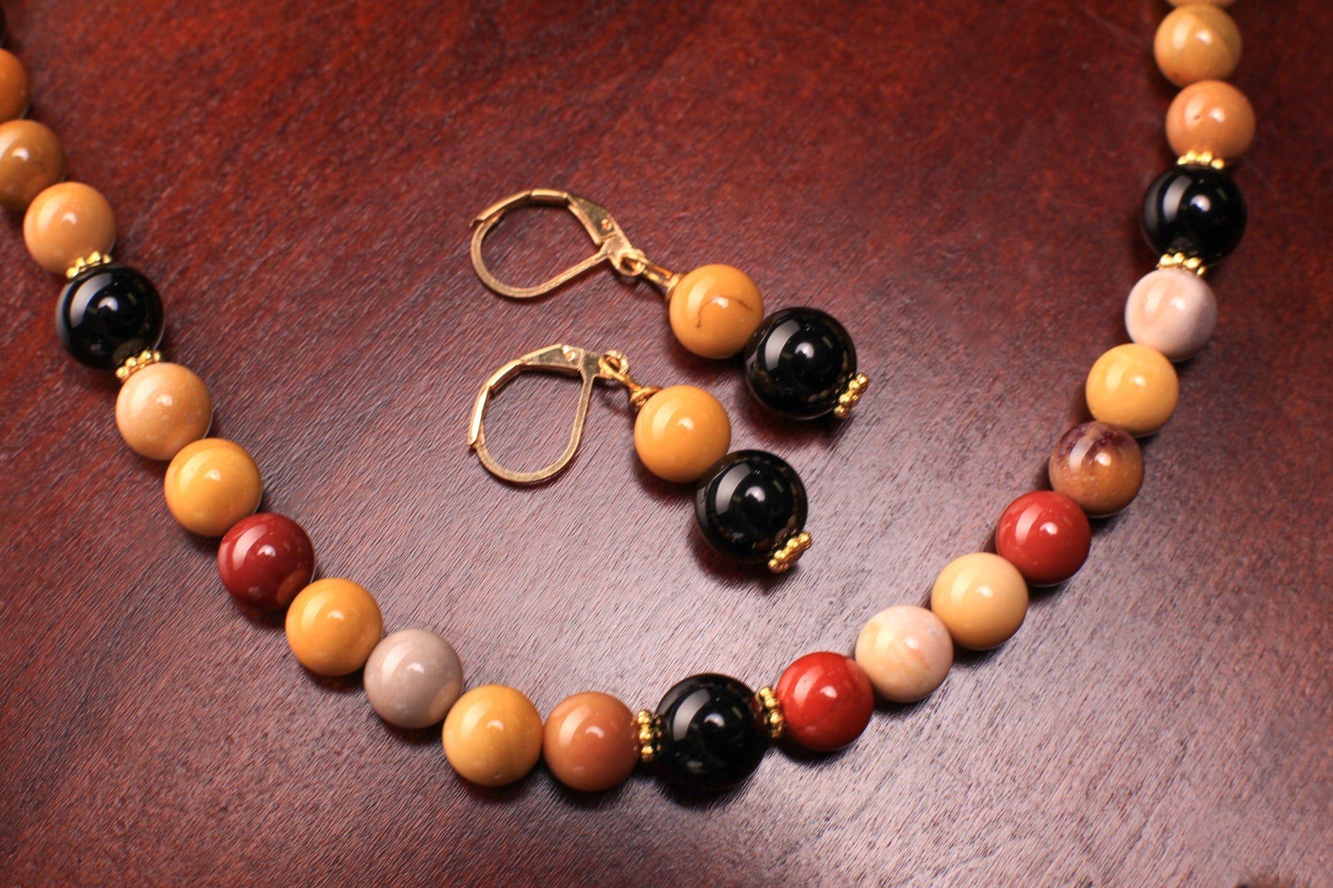 Mookaite Smooth Round 8mm with Black Onyx accent Bali style spacer gold necklace and earrings set