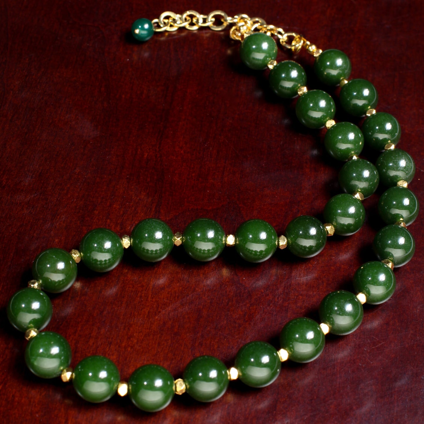 Canadian Nephrite Jade 12mm 18"Gold Necklace with 2" Extension Chain. High Quality Natural Jade smooth polished Bead. Gift for Mom