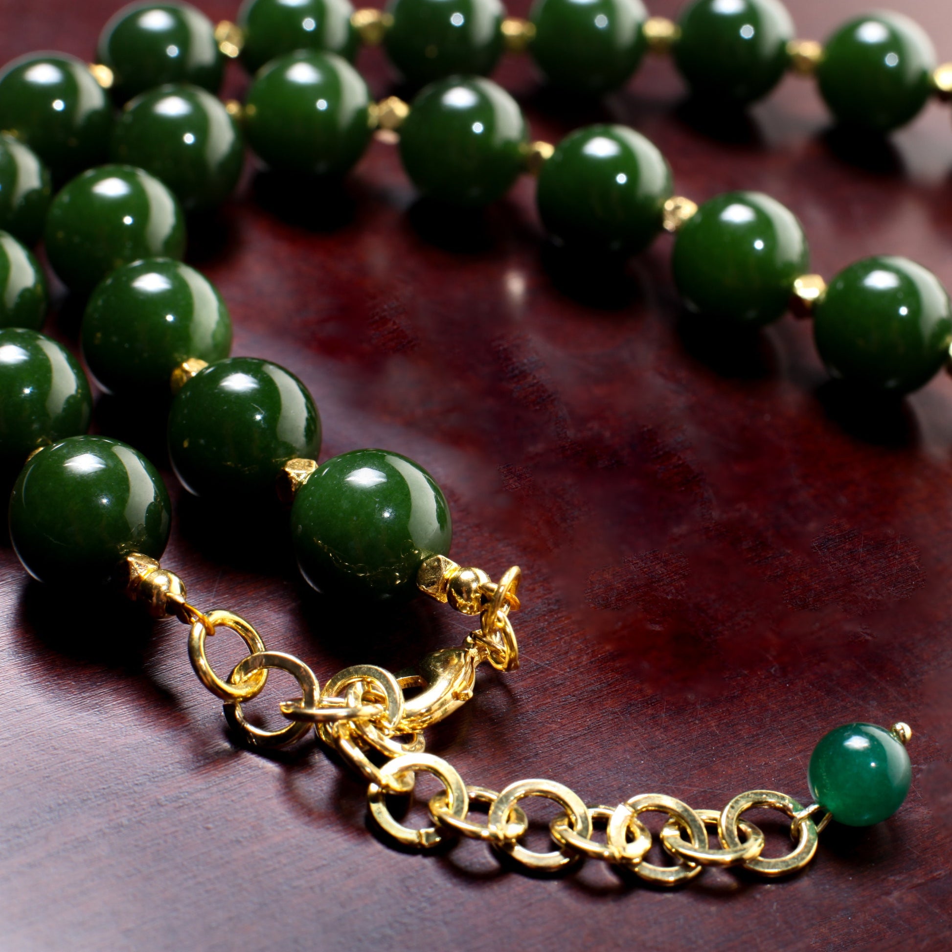 Canadian Nephrite Jade 12mm 18"Gold Necklace with 3" Extension Chain. High Quality Natural Jade smooth polished Bead. Gift for Mom