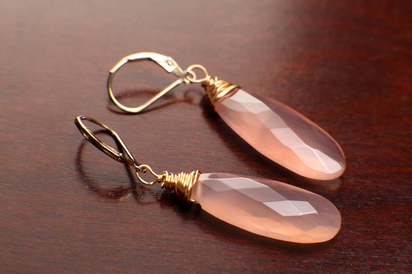 Pink Chalcedony faceted 10x 30mm long drop 14k gold filled Leverback earring. Handmade baby pink earring gift