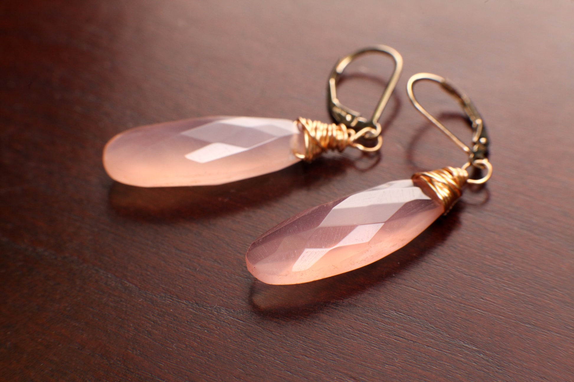 Pink Chalcedony faceted 10x 30mm long drop 14k gold filled Leverback earring. Handmade baby pink earring gift