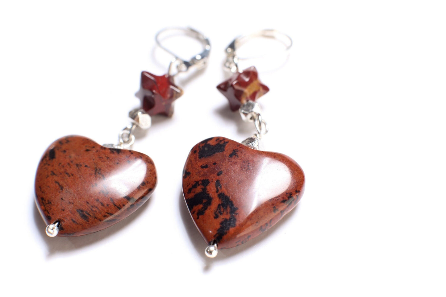 Mahogany Obsidian 20mm Large Heart, accent Poppy Jasper Star on top, Leverback Earrings, Vintage Natural Gemstone Handmade Gift For Her