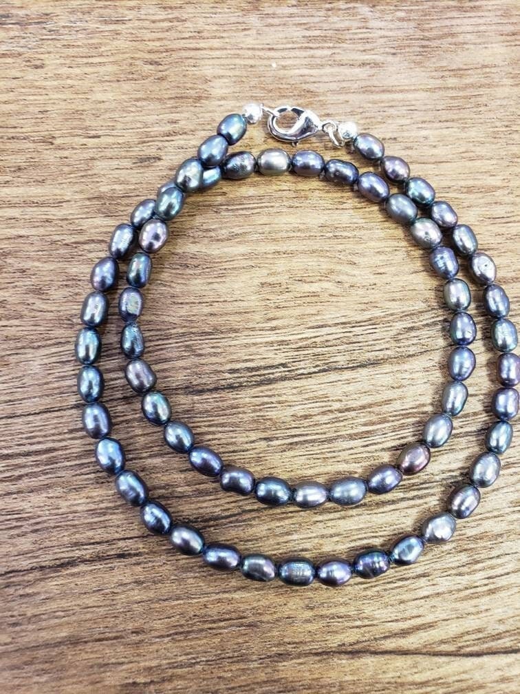 Natural Freshwater Peacock Gray Pearl Rice Oval AAA high luster Silver Necklace, Choker, Layering, Minimalist
