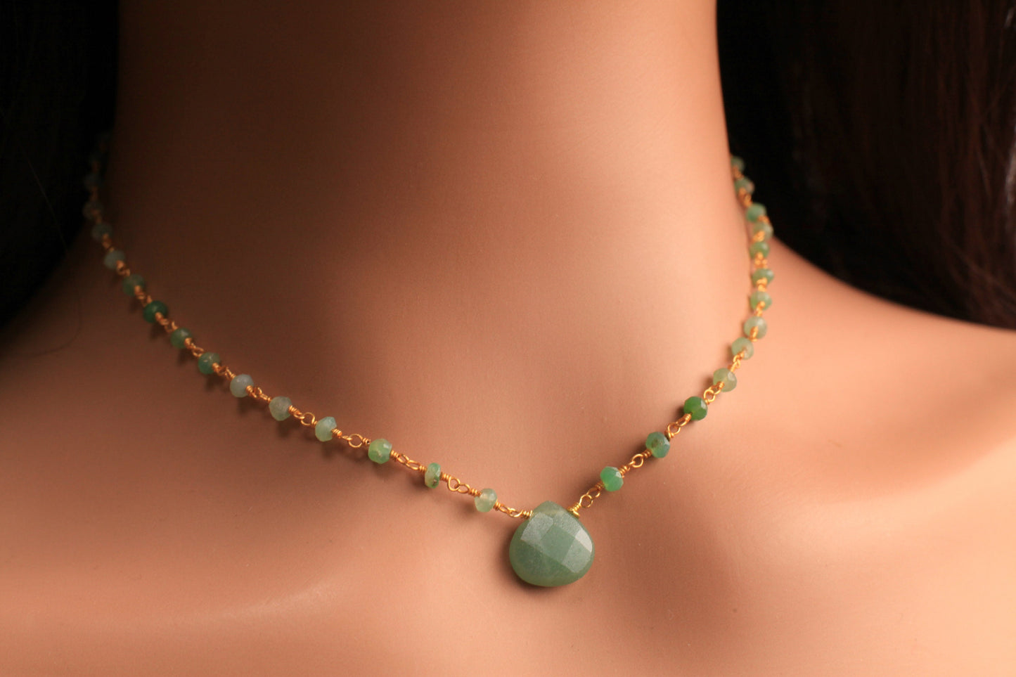 Natural Chrysoprase Wire Wrapped Rosary Necklace with Natural Green Aventurine 12mm Heart pendant gold necklace