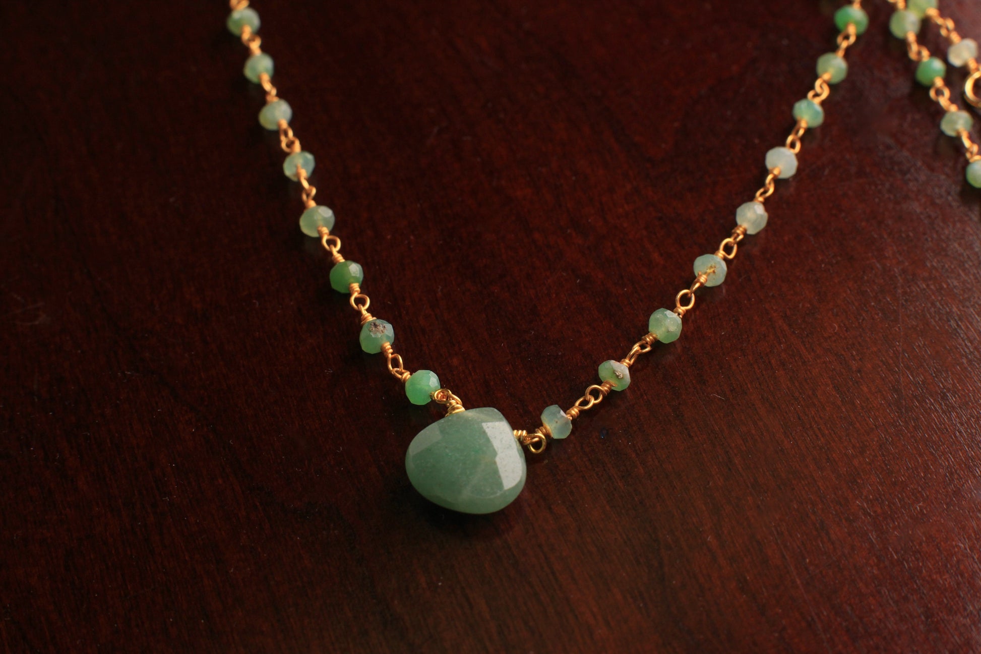 Natural Chrysoprase Wire Wrapped Rosary Necklace with Natural Green Aventurine 12mm Heart pendant gold necklace