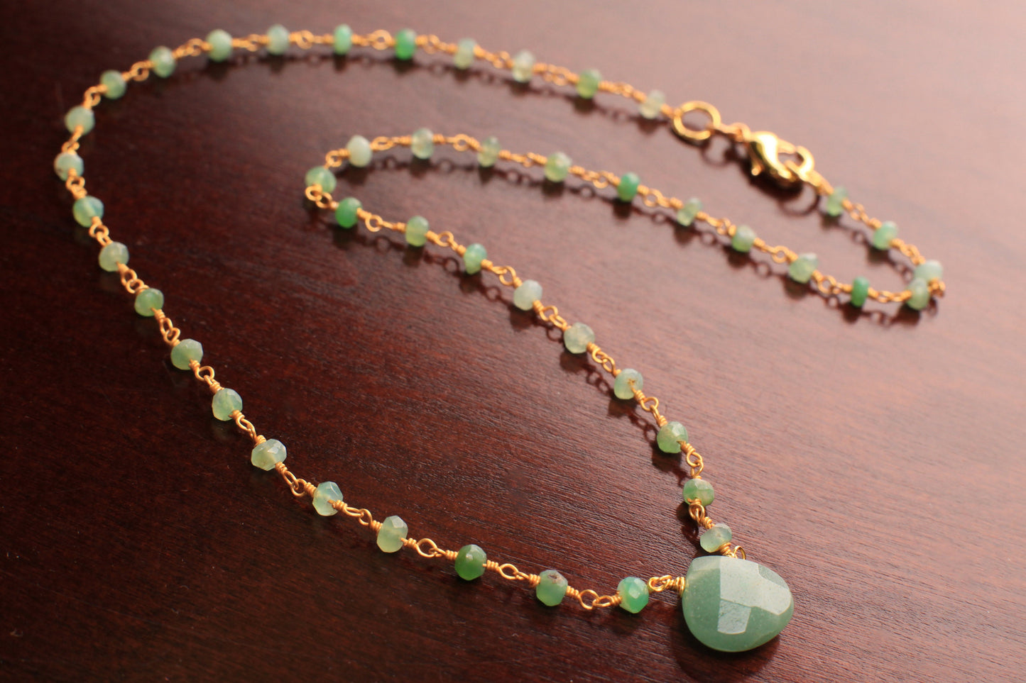 Natural Chrysoprase Wire Wrapped Rosary Necklace with Natural Green Aventurine 12mm Heart pendant gold necklace