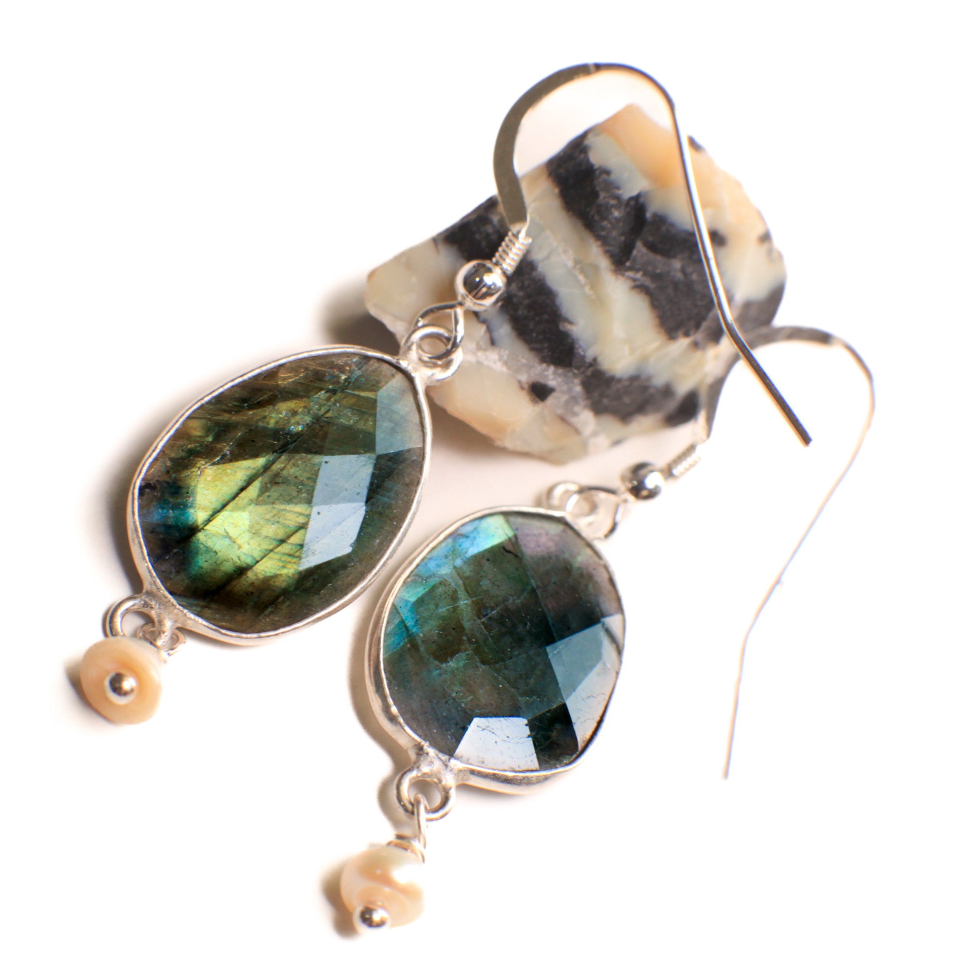 Labradorite Sterling Silver Earrings with Freshwater Pearl Dangle