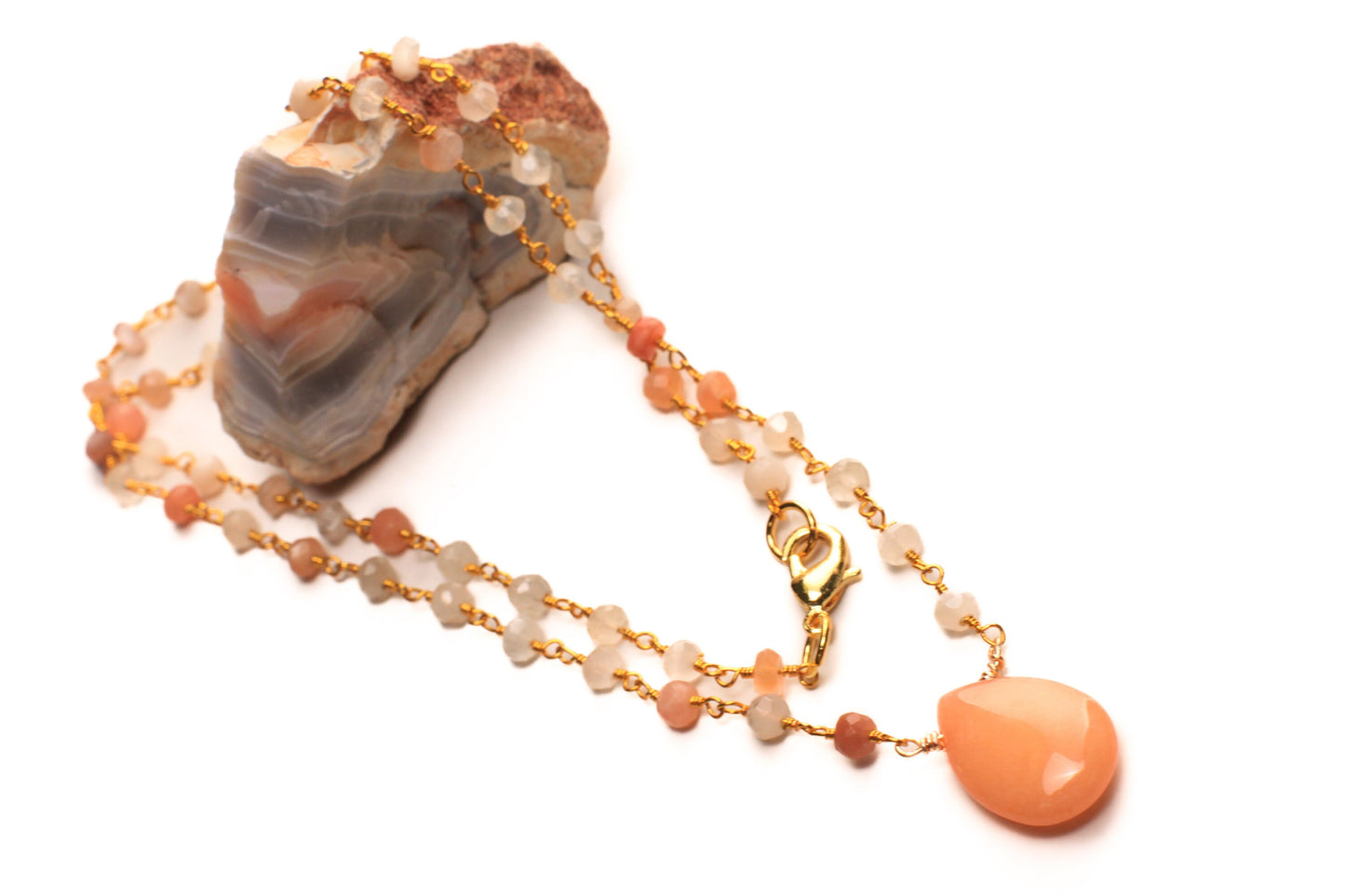 Multi Moonstone Wire Wrapped Rosary Necklace with Peach Aventurine Pendant