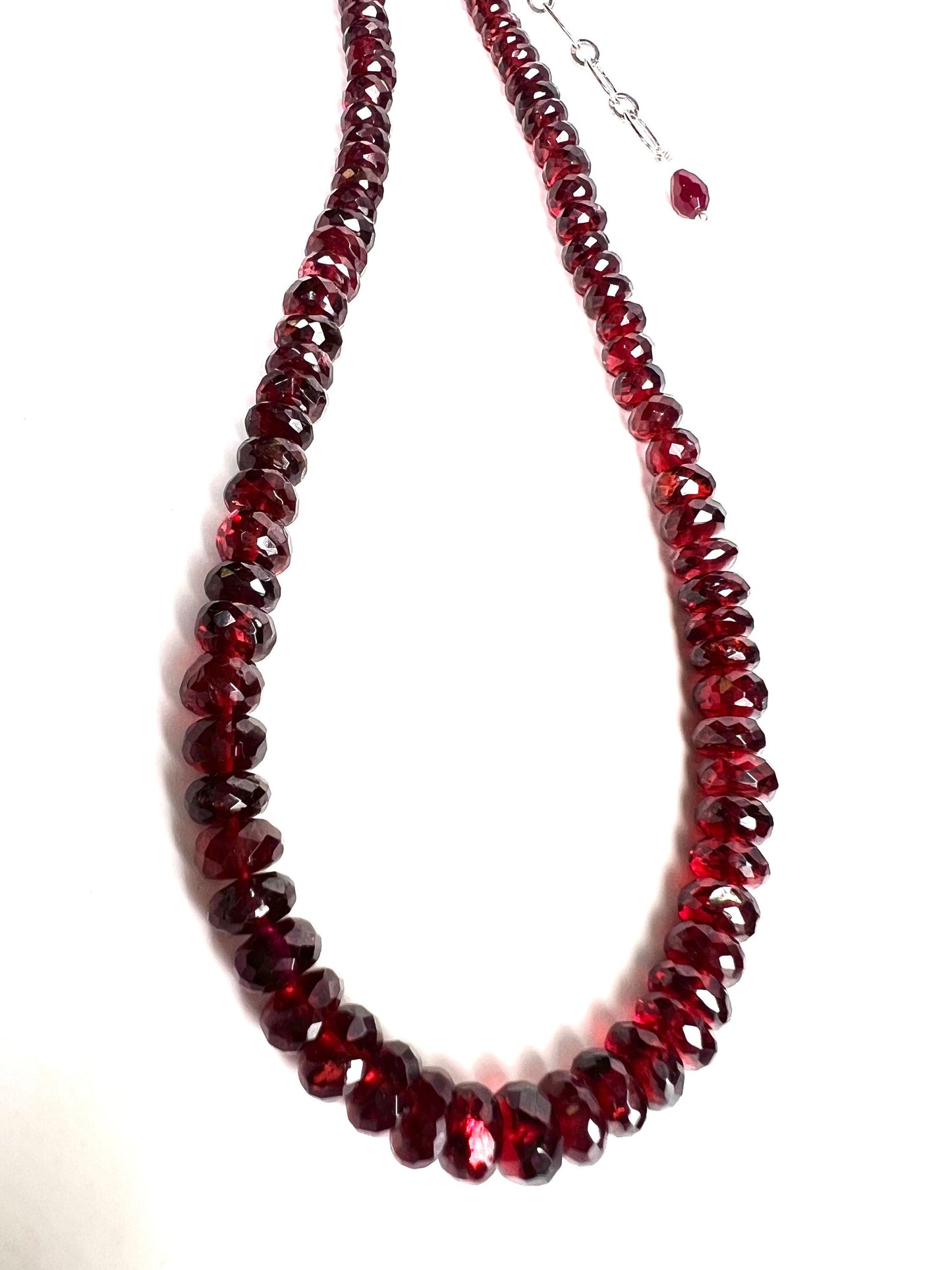 Genuine Garnet large AAA Faceted Rondelle Graduated 5-7mm Necklace with optional 3" Rhodium Extender Chain, January Birthstone