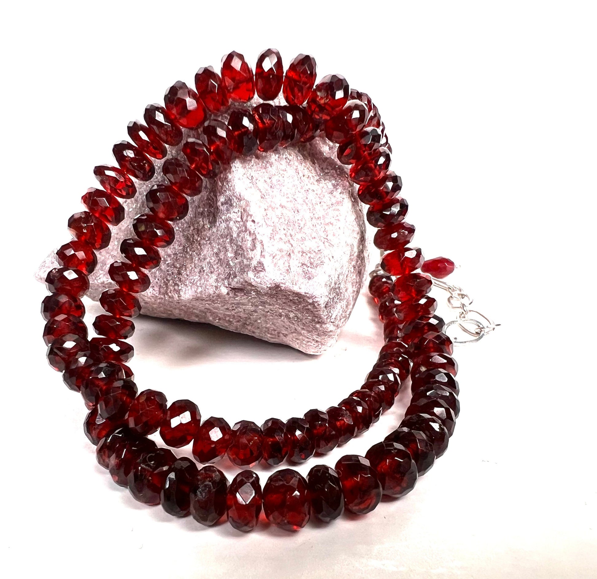 Genuine Garnet large AAA Faceted Rondelle Graduated 5-7mm Necklace with optional 3" Rhodium Extender Chain, January Birthstone